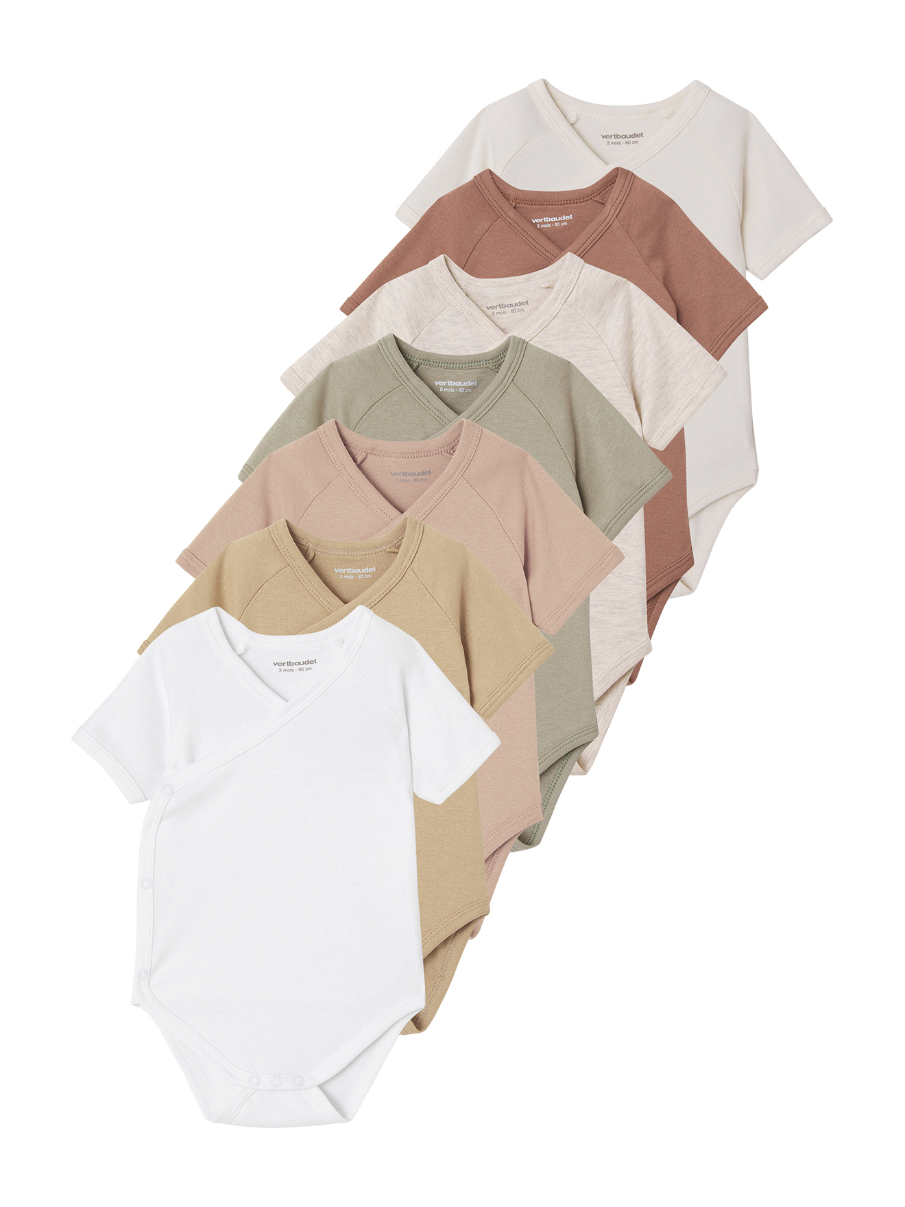 Lot de 7 bodies manches courtes ouverture naissance BASICS, VERTBAUDET