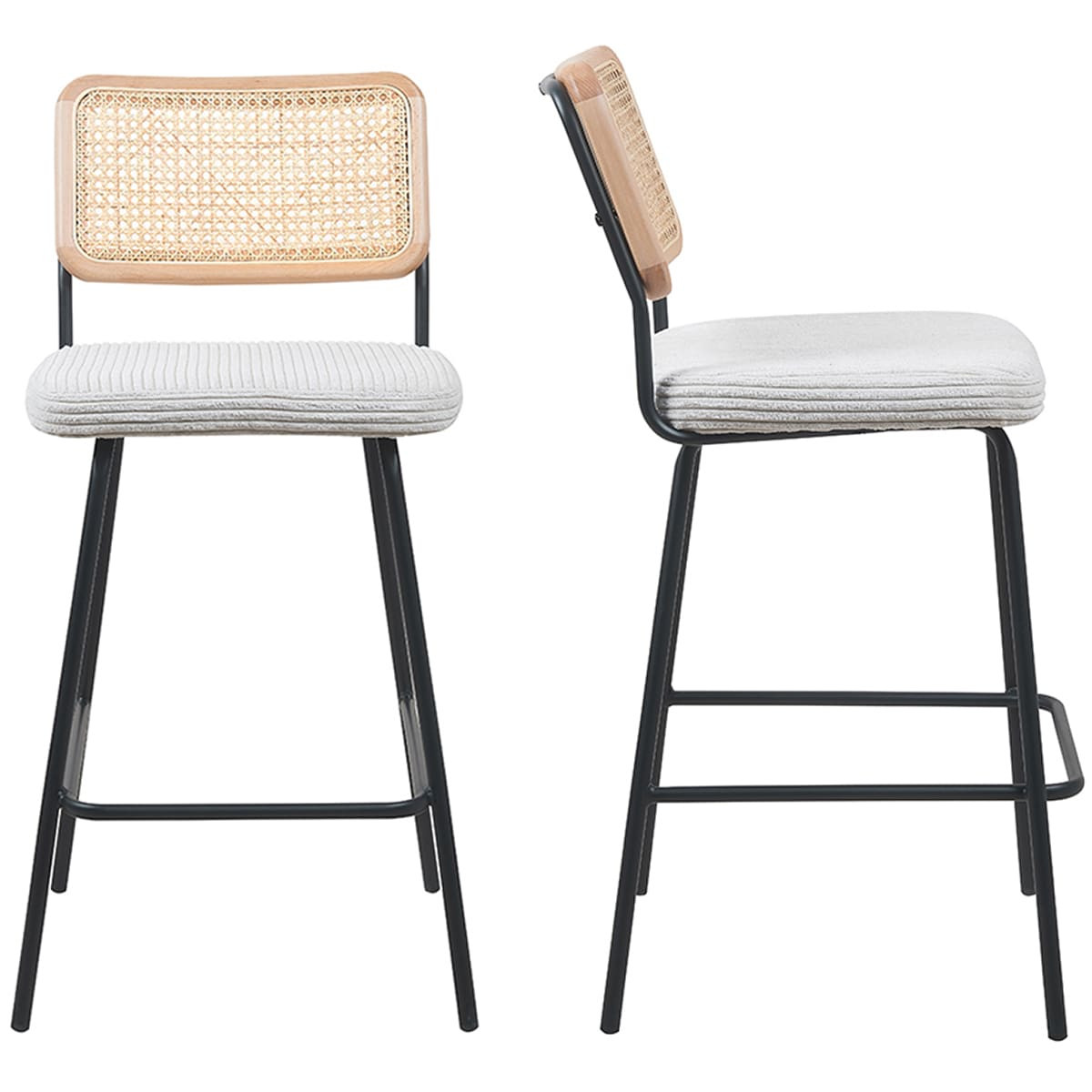 Lot de 2 chaises de bar en cannage et velours côtelé, piètement noir - MUSE, HOMIFAB