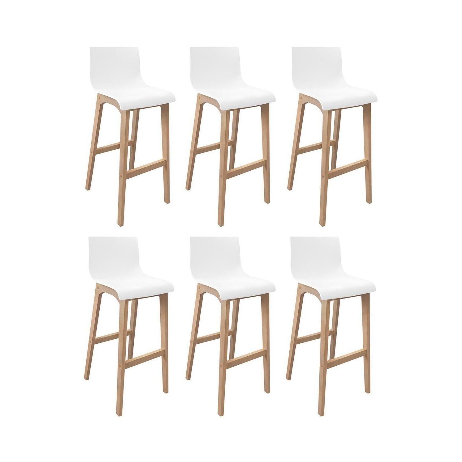 Lot de tabourets de bar en chêne et assise plastique blanche 75cm TANNA|Lot de 6 | Lot de 6, MOB IN