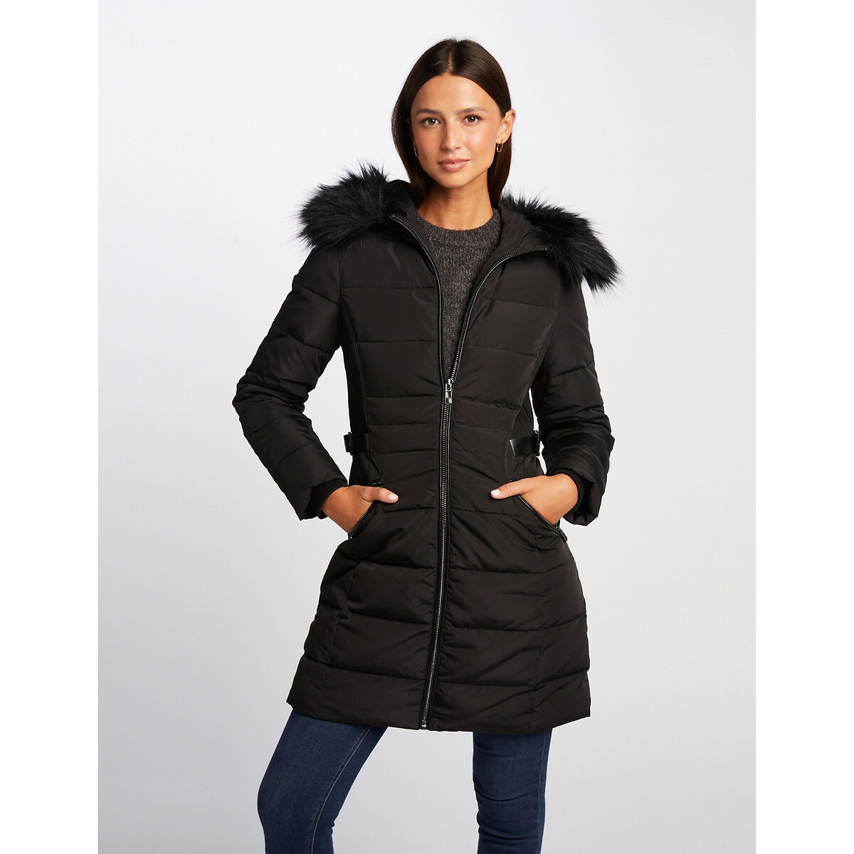 Image of Fitted Hooded Padded Jacket with Faux Fur Trim
