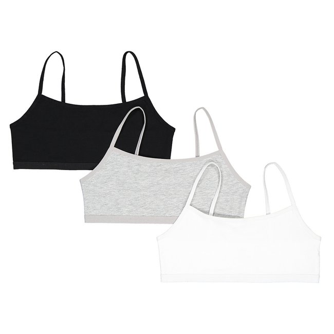 Pack of 3 Bralettes in Organic Cotton, 8-18 Years, black + grey + white, LA REDOUTE COLLECTIONS
