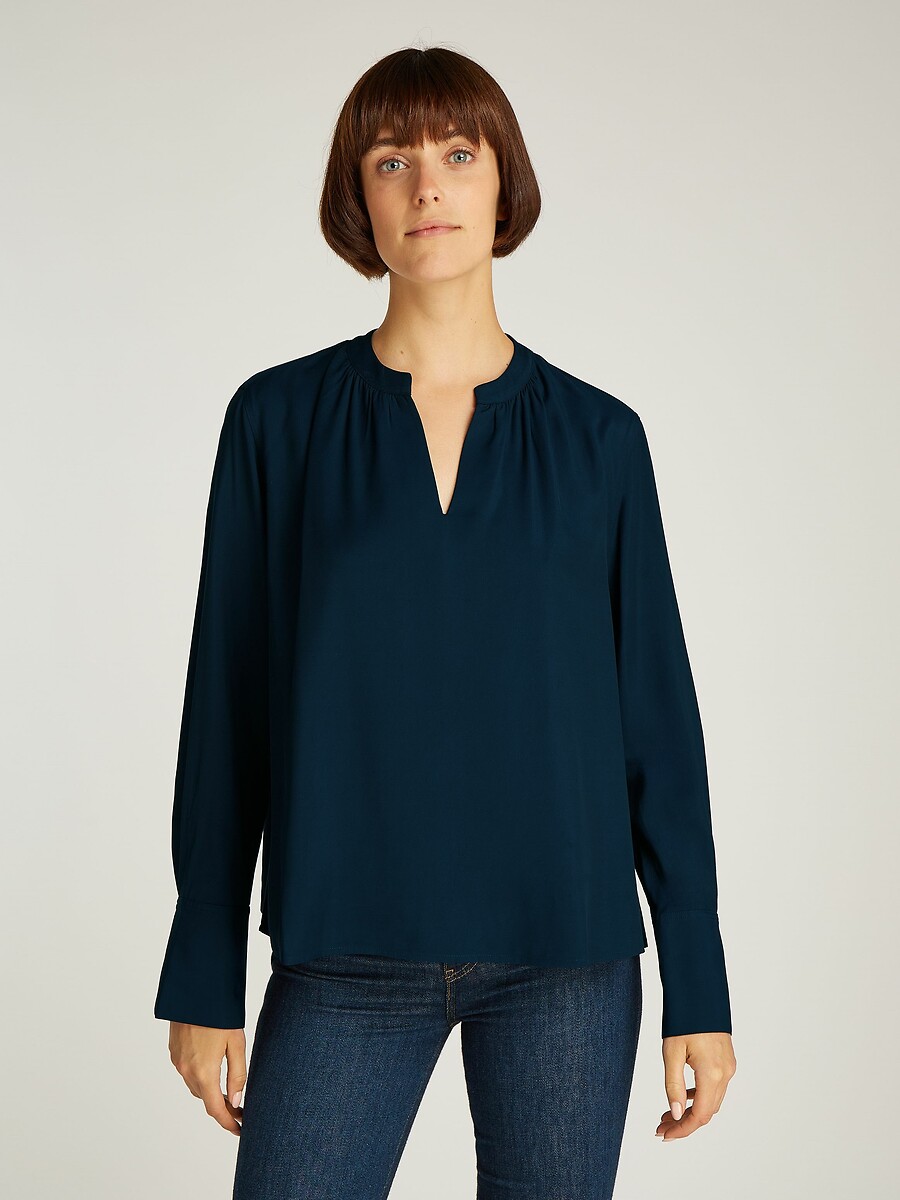 Blusa con cuello de pico y manga larga Mujer Talla 38. Color Azul