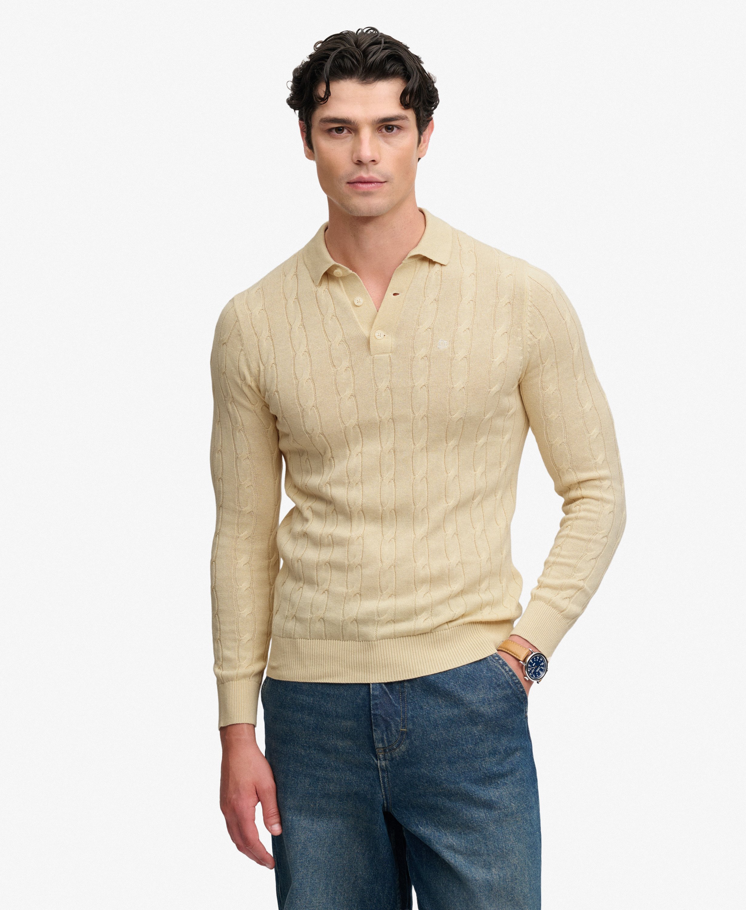 Polo Maille Torsadée Manches Longues Coupe Décontractée, SUPERDRY