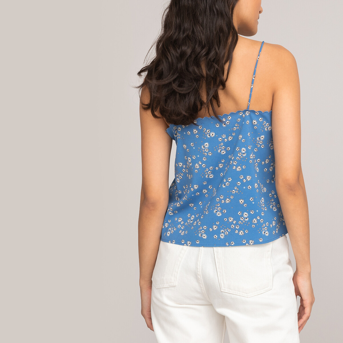 Floral print embroidered cami, print/blue background, La Redoute