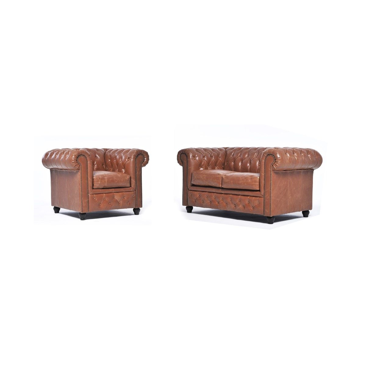 canape chesterfield brighton 2 places et fauteuil en veritable cuir vachette