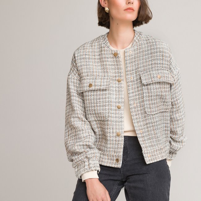 Checked fitted bomber jacket, tweed grey, La Redoute Collections | La ...