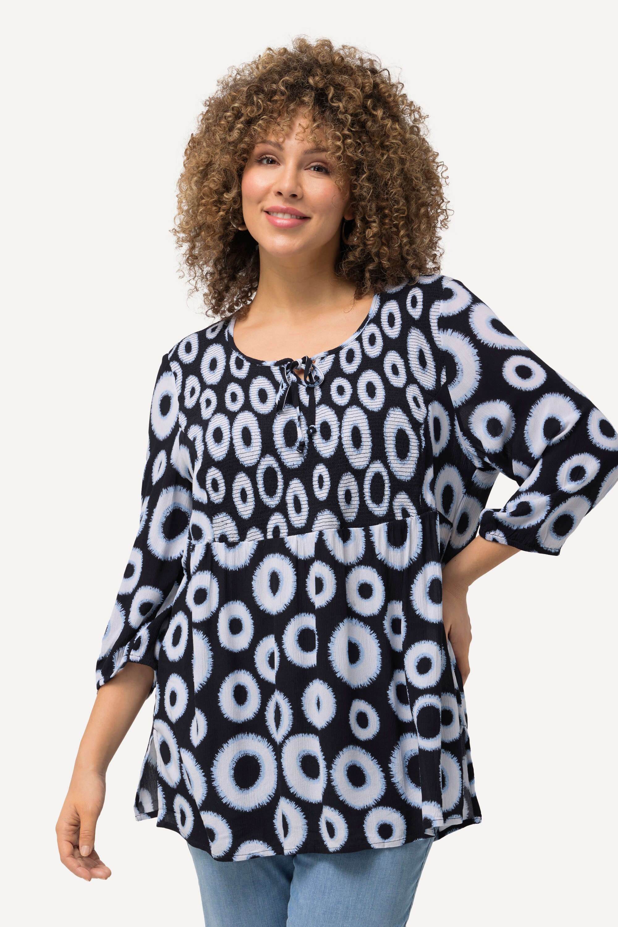 Blouse smockée à motif cercles. Col rond, ULLA POPKEN