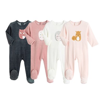 Pack of 4 Velour Sleepsuits in Cotton Mix LA REDOUTE COLLECTIONS