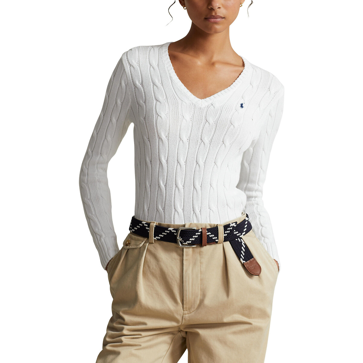 Kimberly Cable Knit Jumper in Cotton with V-Neck