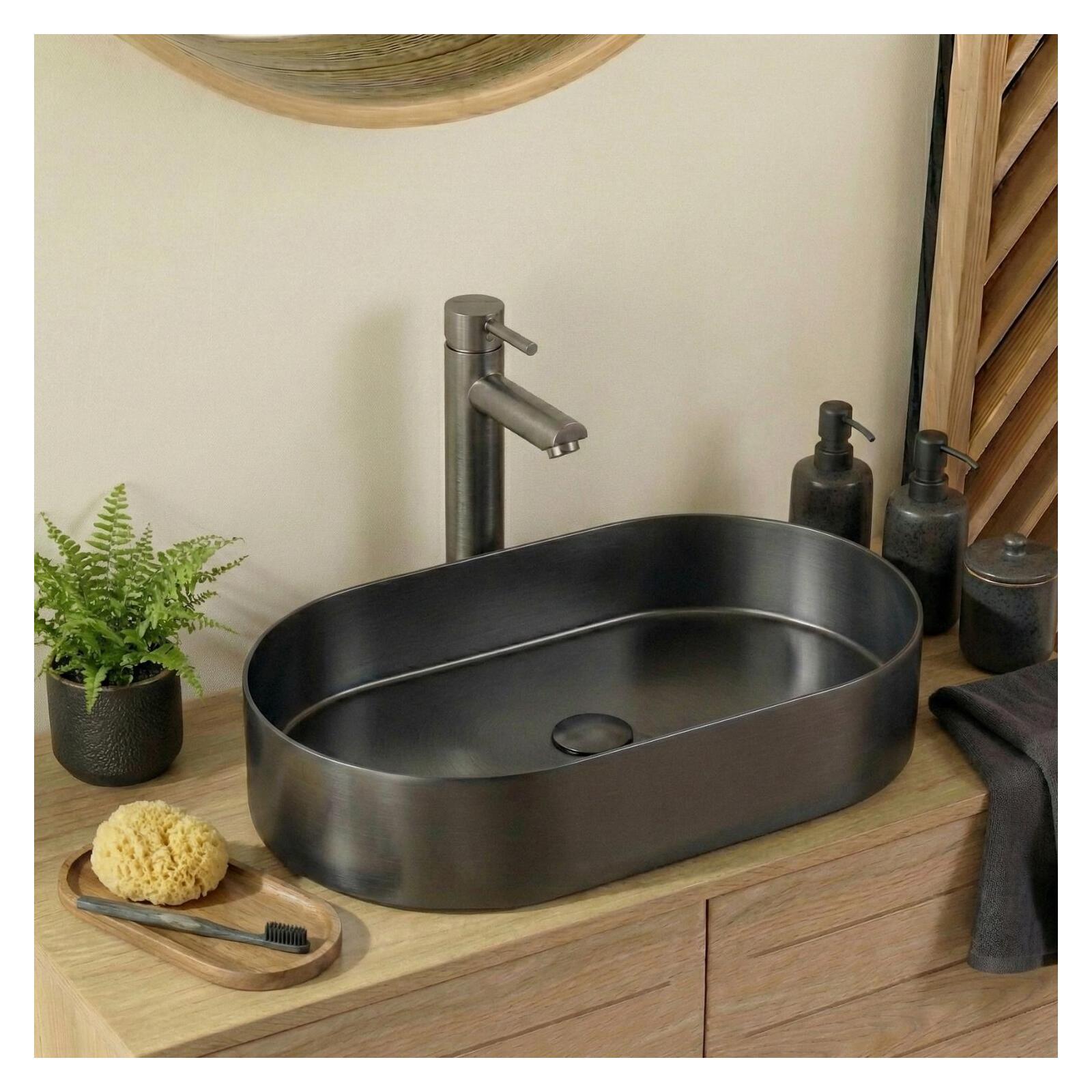 Vasque à poser ovale gunmetal en inox 55x35 cm avec sa bonde assortie, MOB IN