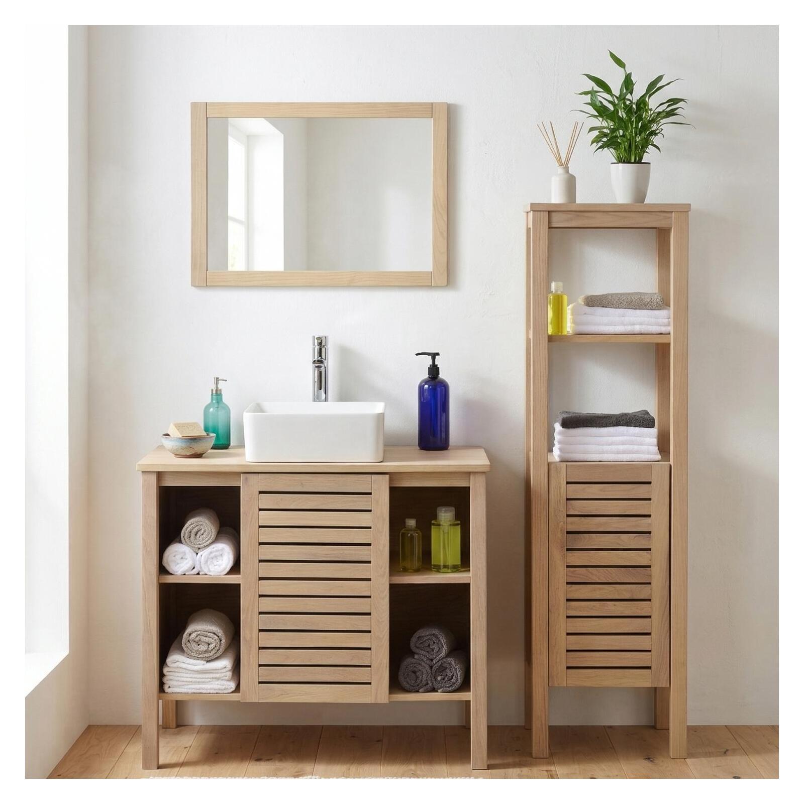 Ensemble simple vasque 90cm chêne avec vasque, robinet, miroir et colonne TALIX, MOB IN