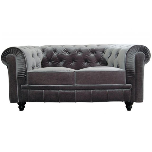 canape chesterfield velours capitonne gris argente 2 places city