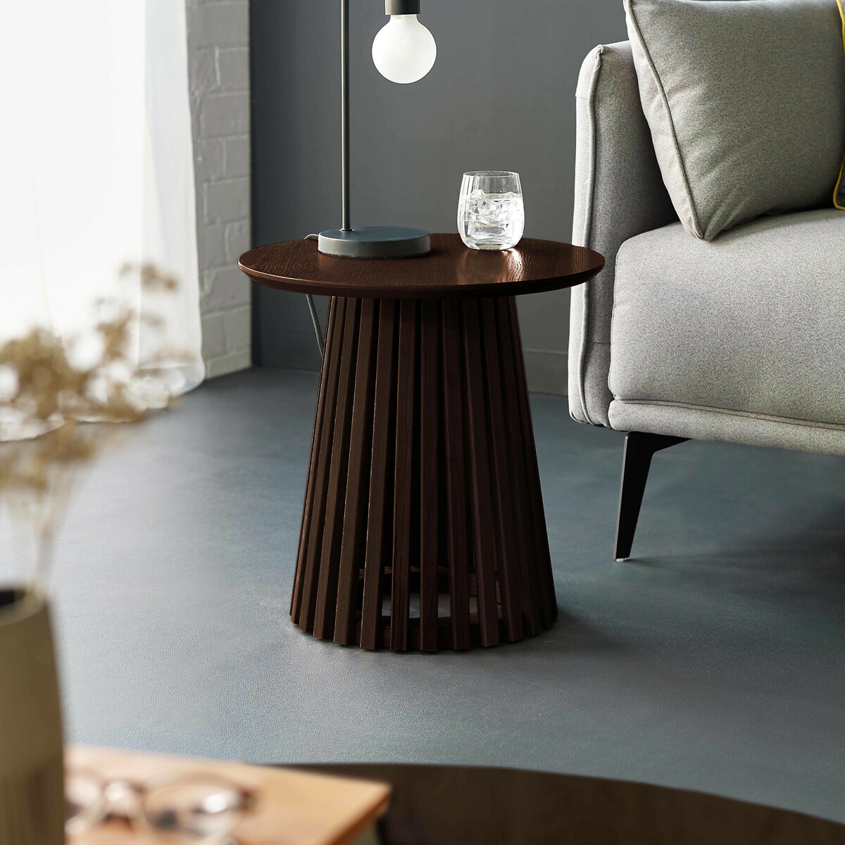 Osric Round Dark Oak Slatted Side Table, SO'HOME