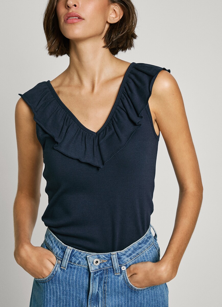 V-Neck, Ruffled, Ribbed T-Shirt, PEPE JEANS