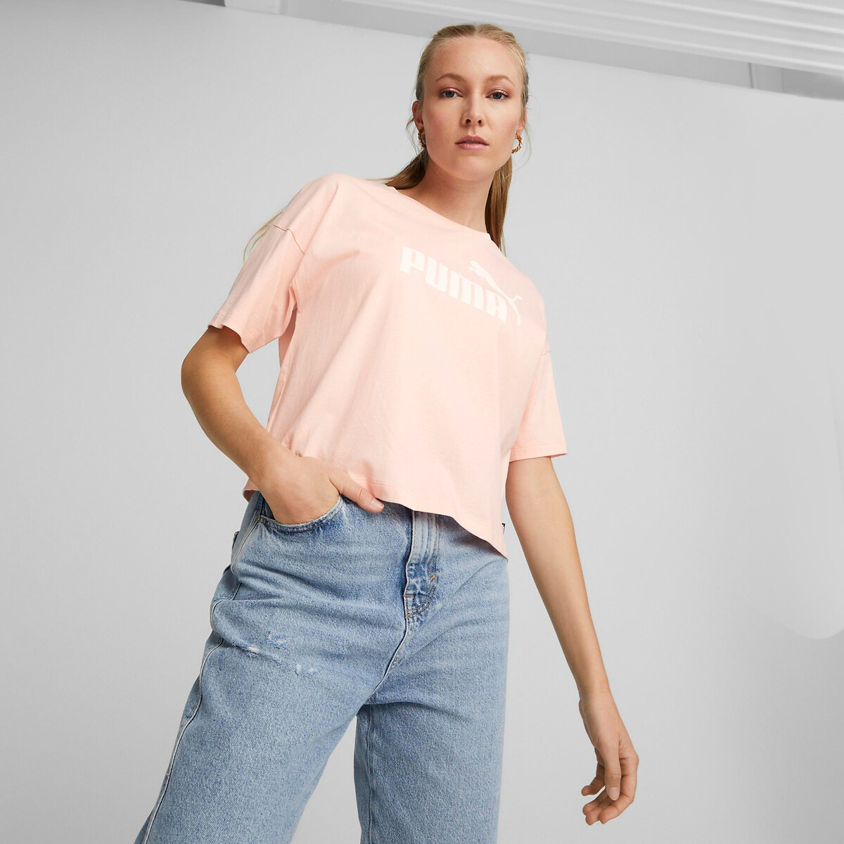 essential cotton cropped t-shirt with logo print