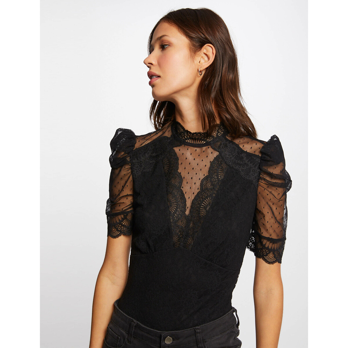 Lace short sleeve bodysuit , black, Morgan | La Redoute