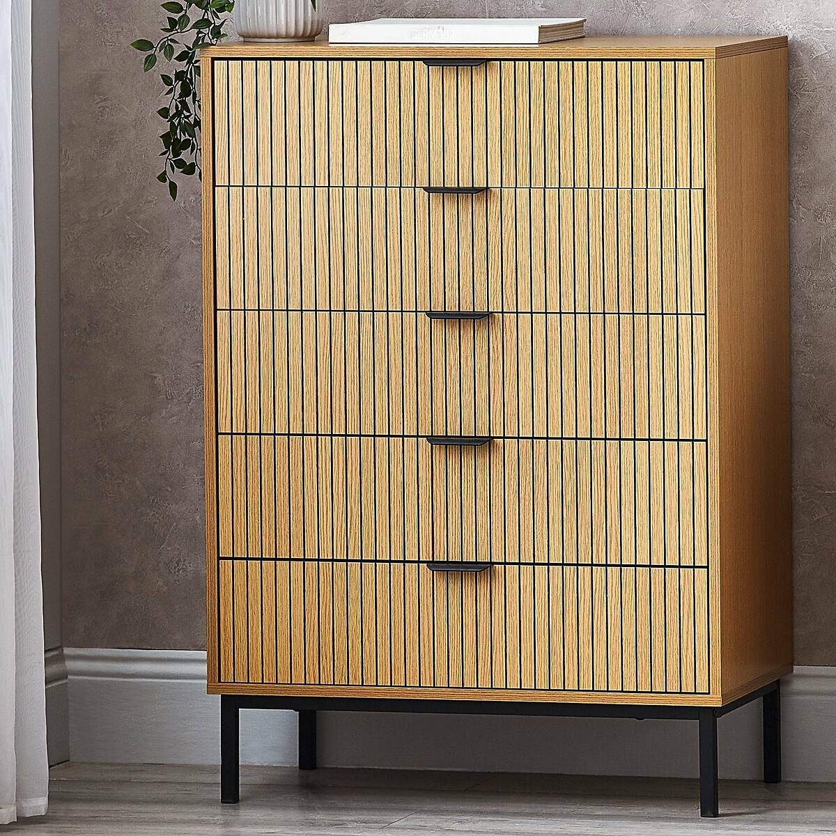Gia Slatted Oak 5 Drawer Chest, SO'HOME
