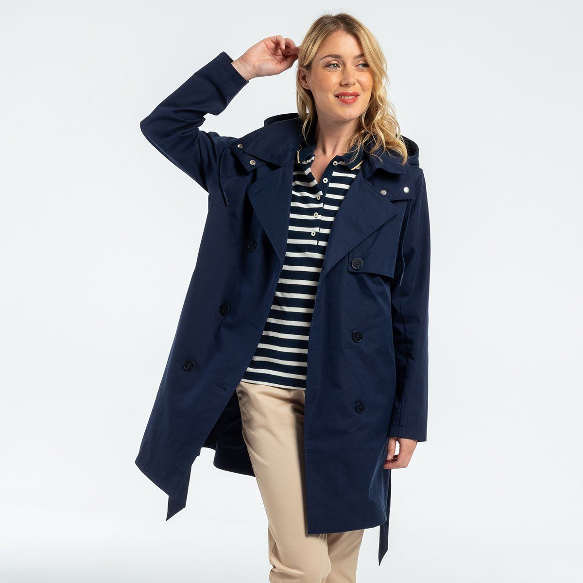 Trench long bleu marine femme hot sale