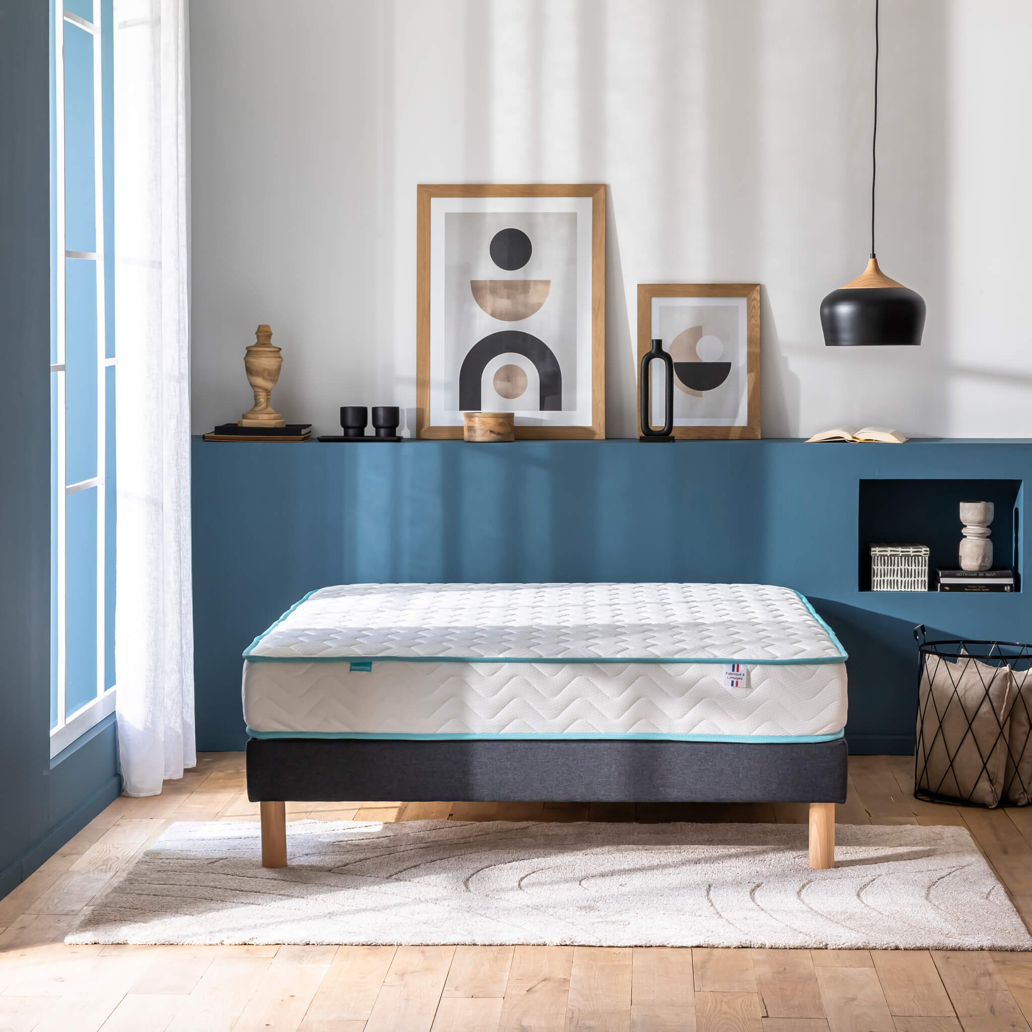 Ensemble matelas ressorts ensachés ENJOY, sommier en kit et pieds, MERINOS