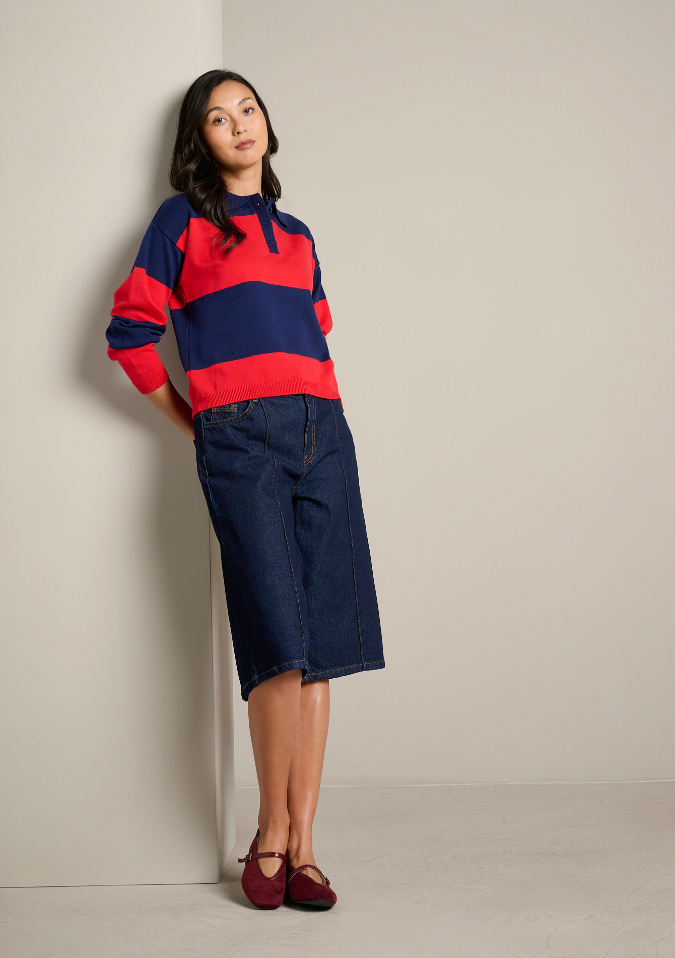 Pull rayé col polo à bouton, LOLALIZA