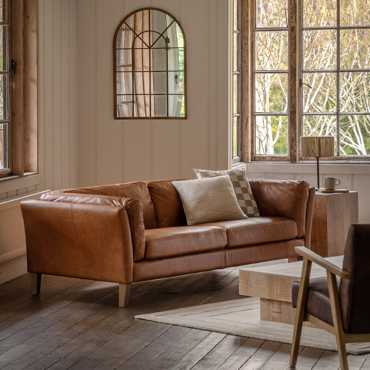Nadiad Vintage Leather 3 Seater Sofa with Solid Wood Legs, ÉDITÉ