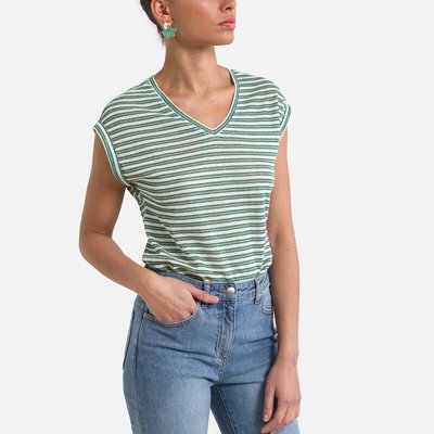 Striped Linen T-Shirt with V-Neck and Short Sleeves ANNE WEYBURN