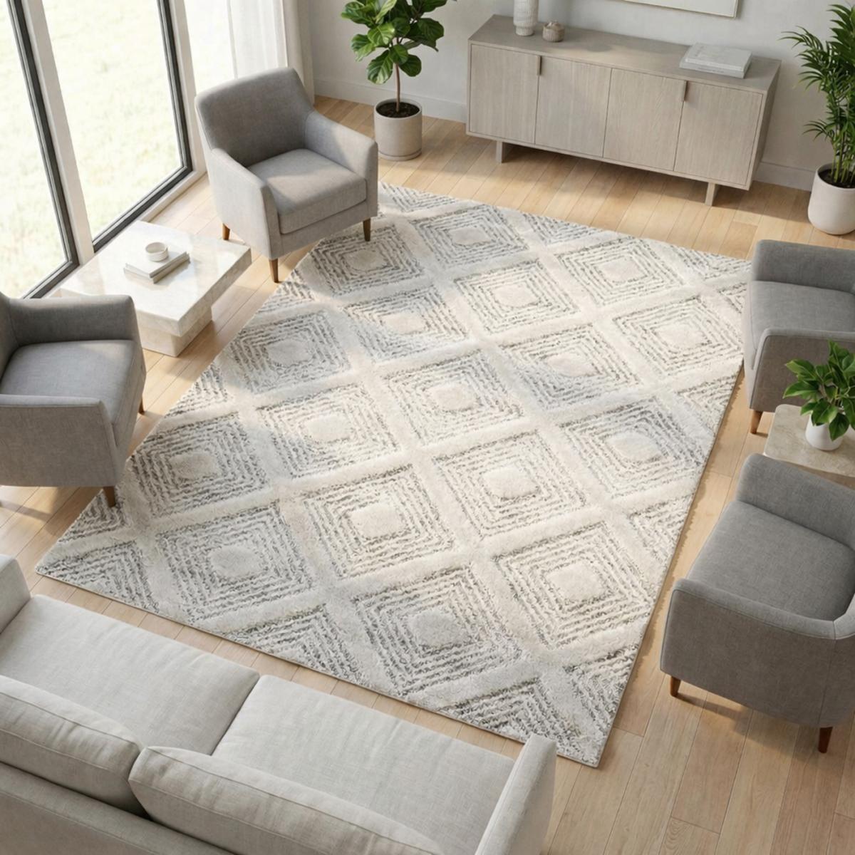 Tapis salon et chambre tissé motif scandinave PISTIOUM, UN AMOUR DE TAPIS