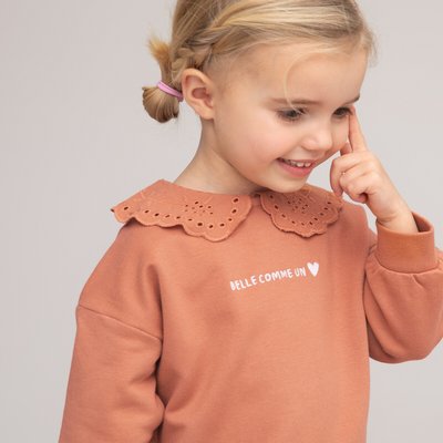Cotton Embroidered Slogan Sweatshirt with Peter Pan Collar LA REDOUTE COLLECTIONS