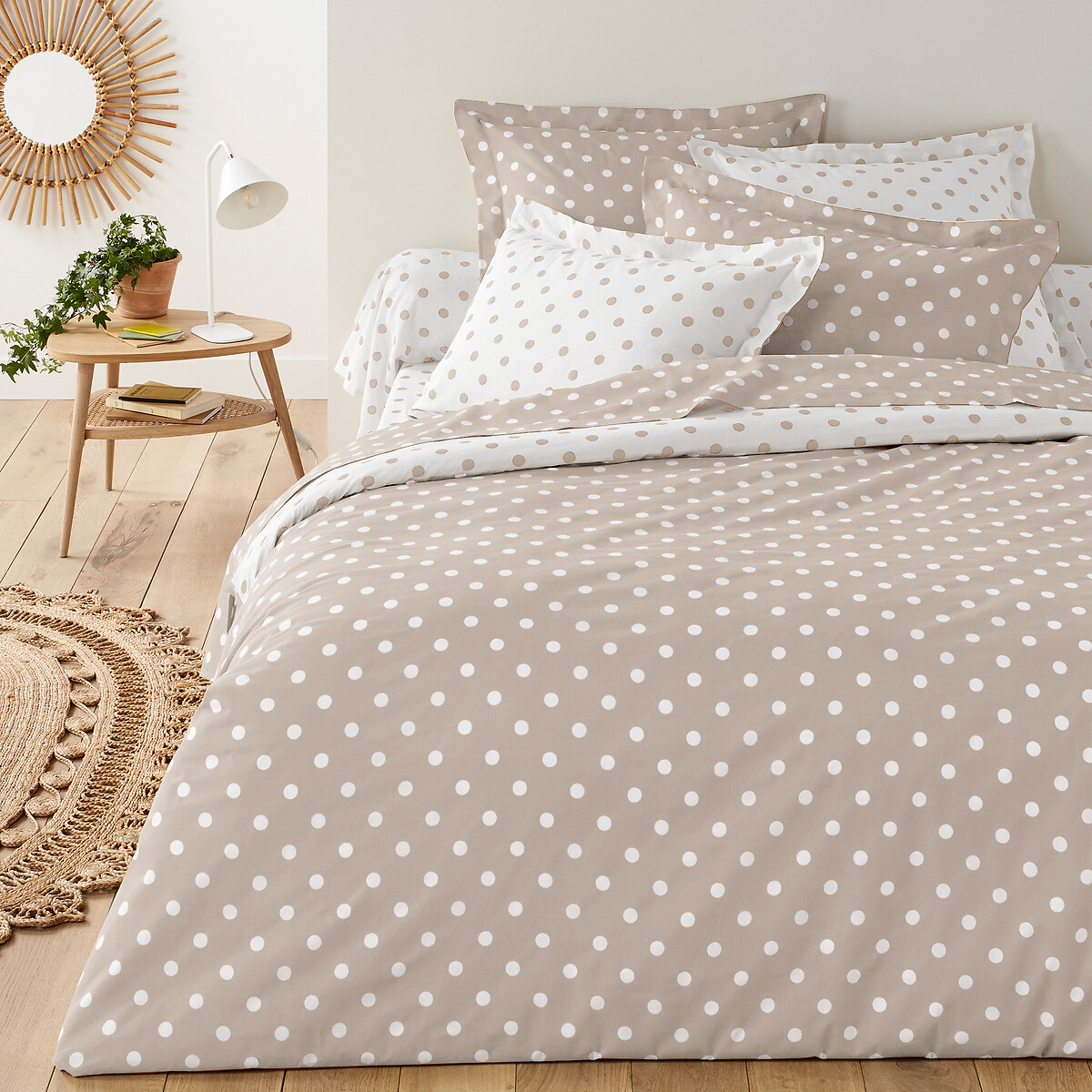 Clarisse Cotton Duvet Cover In Polka, Grey And Beige Duvet Cover