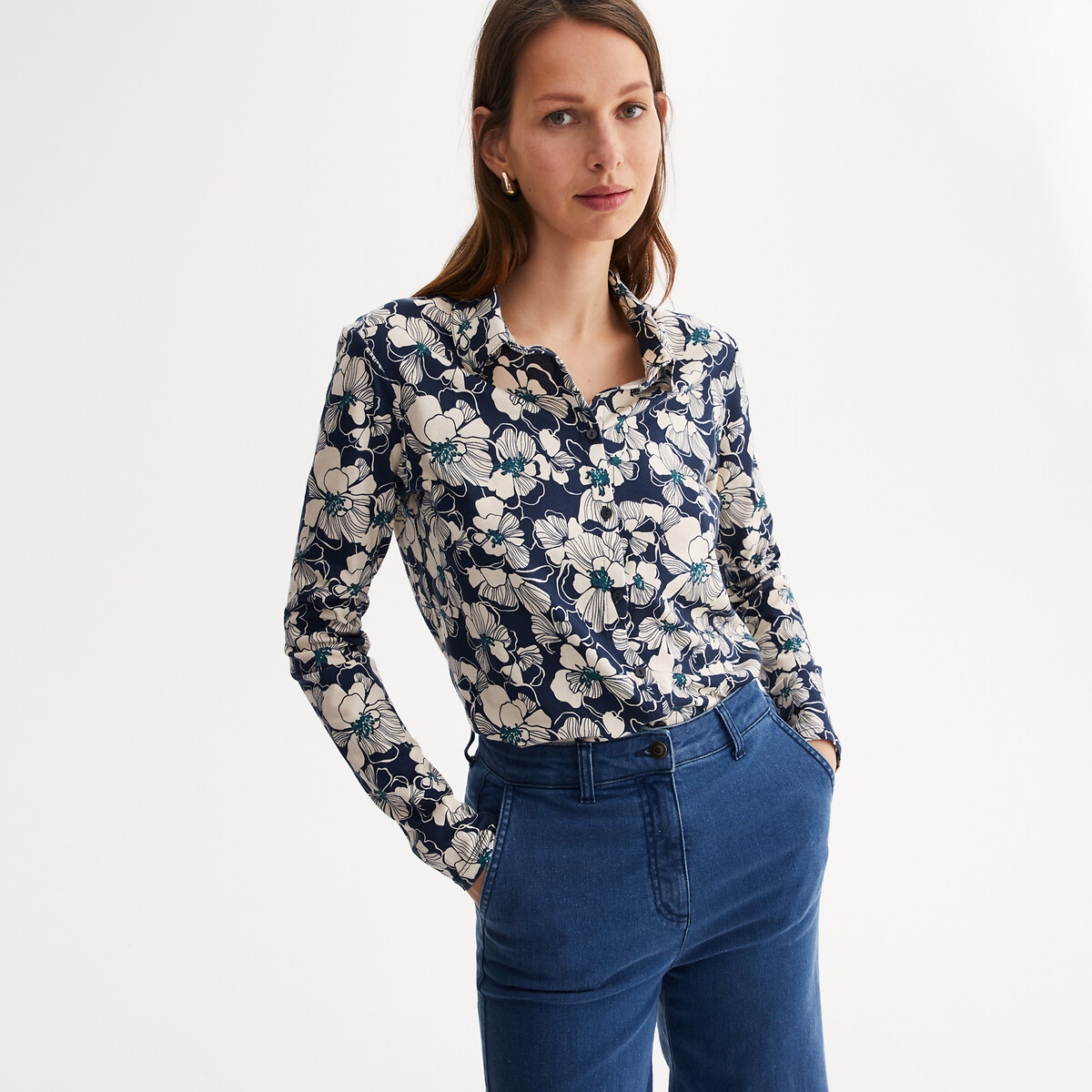 T-shirt met polokraag, hemdstijl, lange mouwen