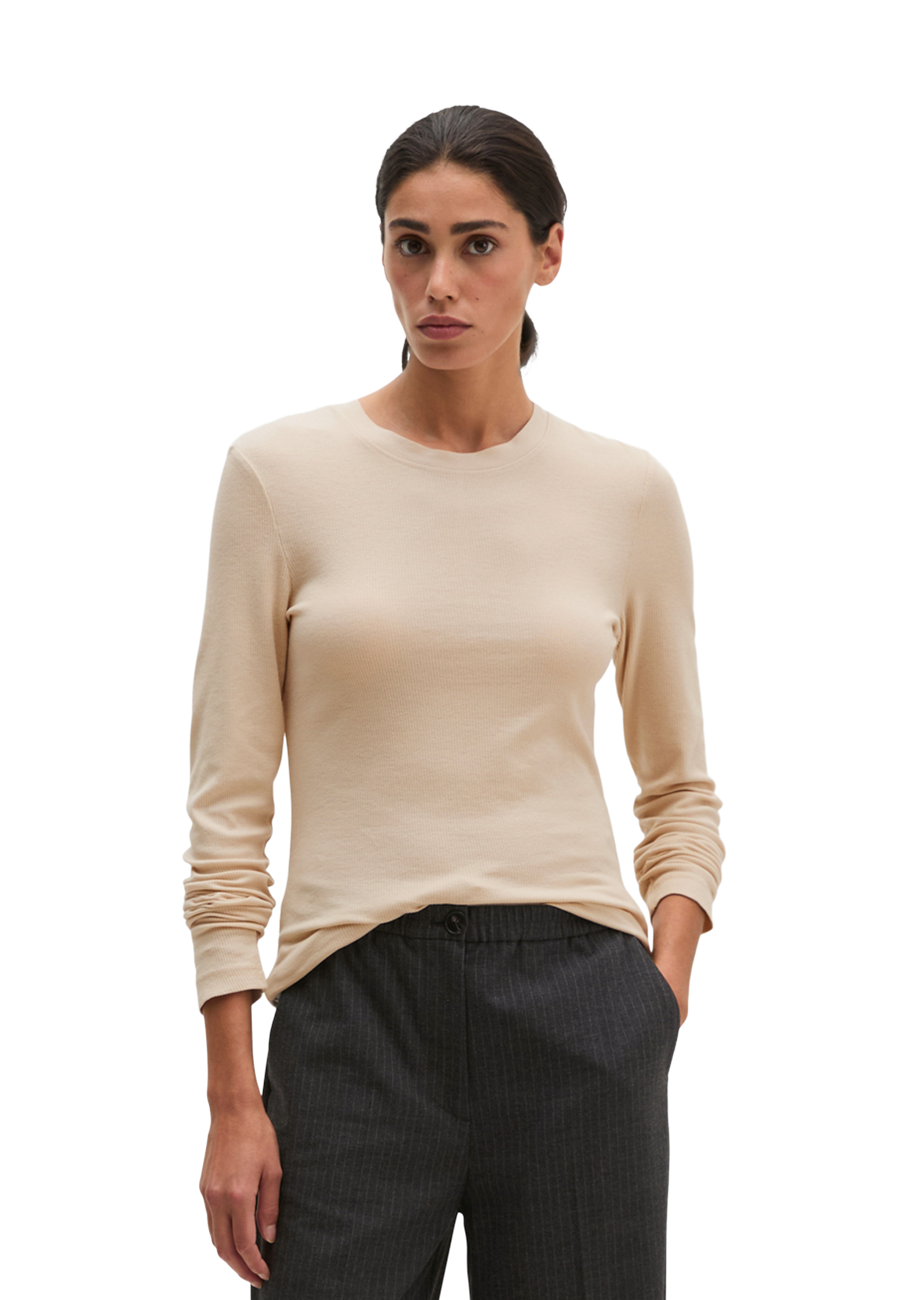 T-shirt long à côtes slim en jersey stretch de coton bio Lyocell, MARC O'POLO