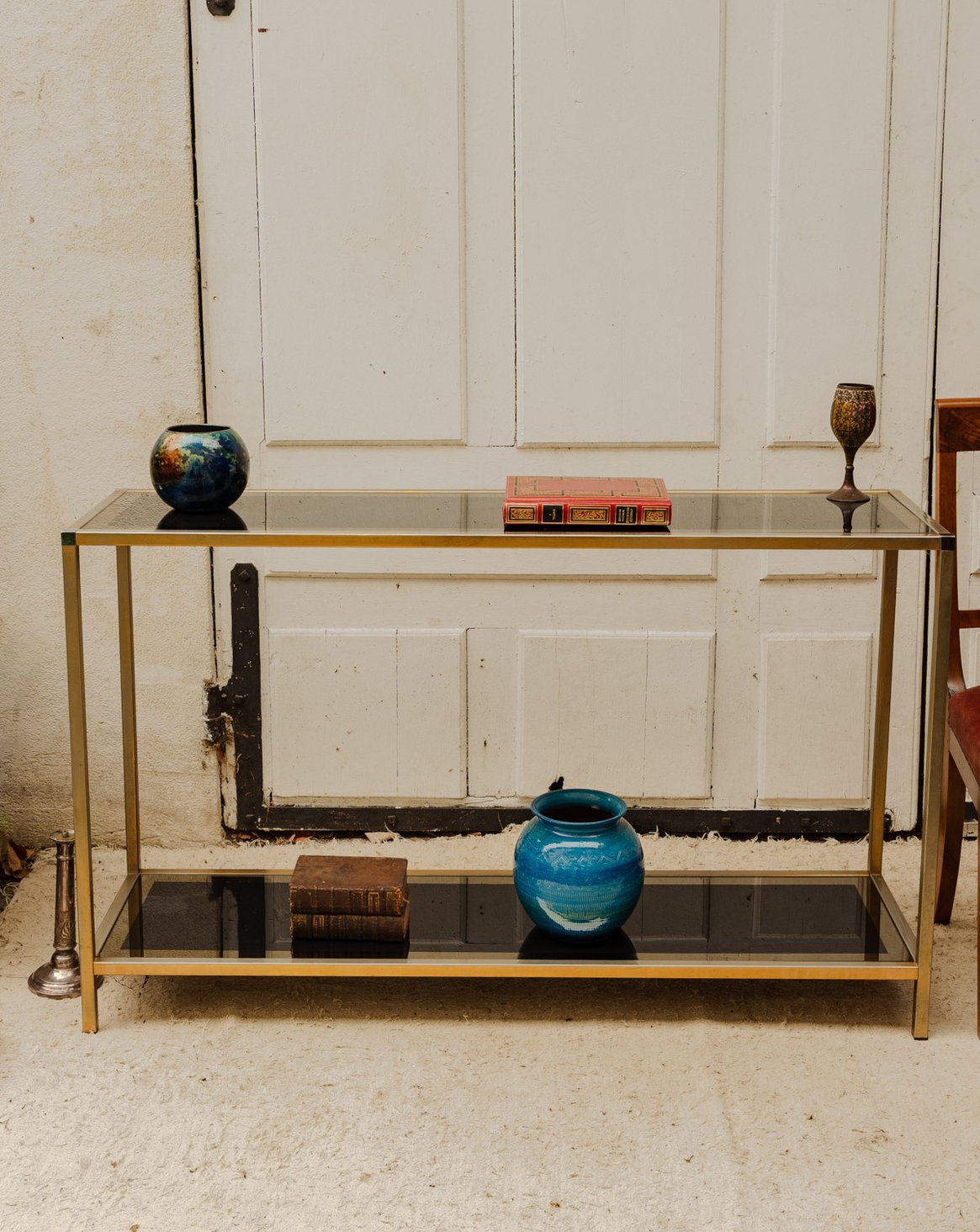 Console en métal doré et verre noir Hanna N°1595 - Bon état, DEBONGOUT