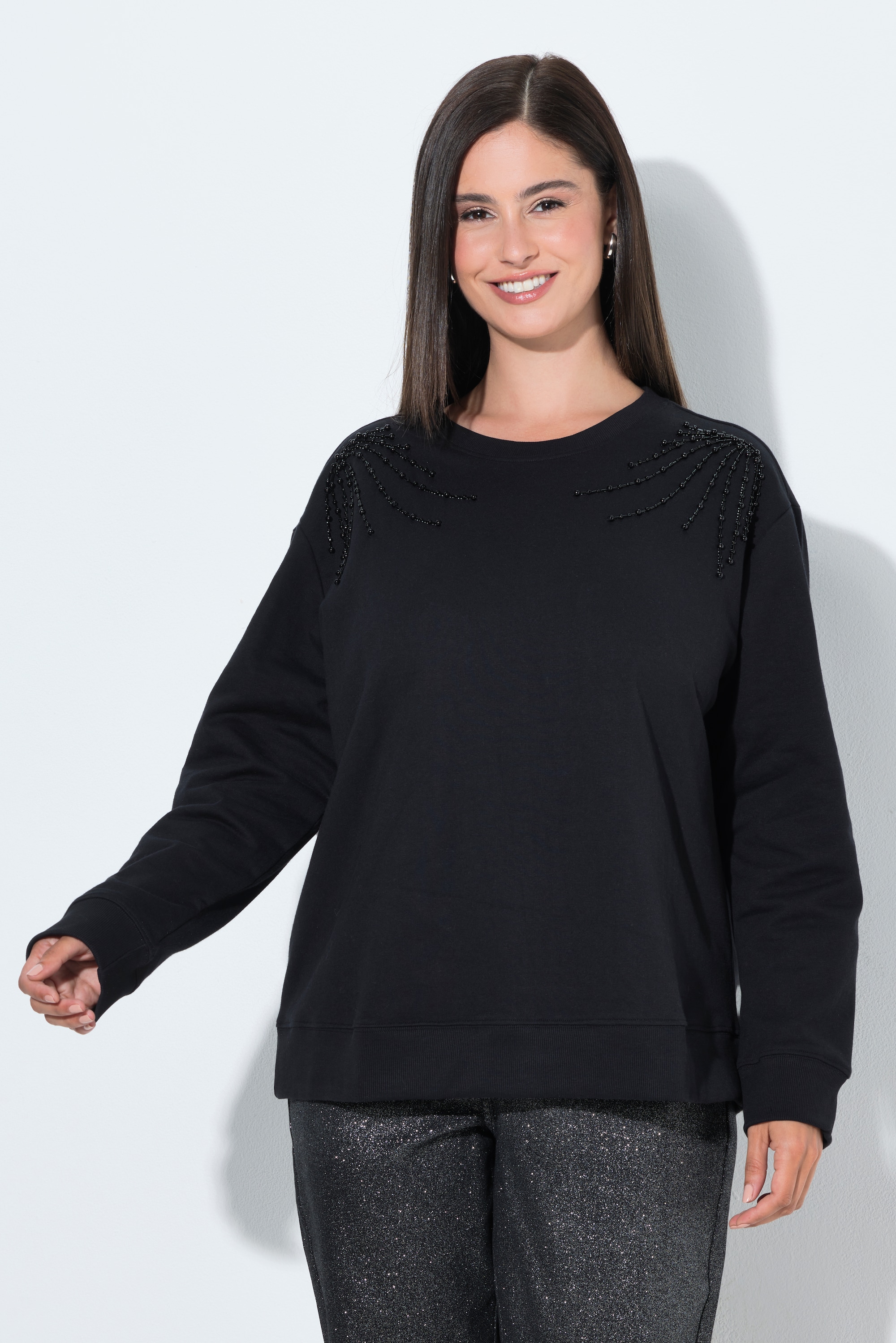 Sweat-shirt avec perles brodées fantaisie, ULLA POPKEN