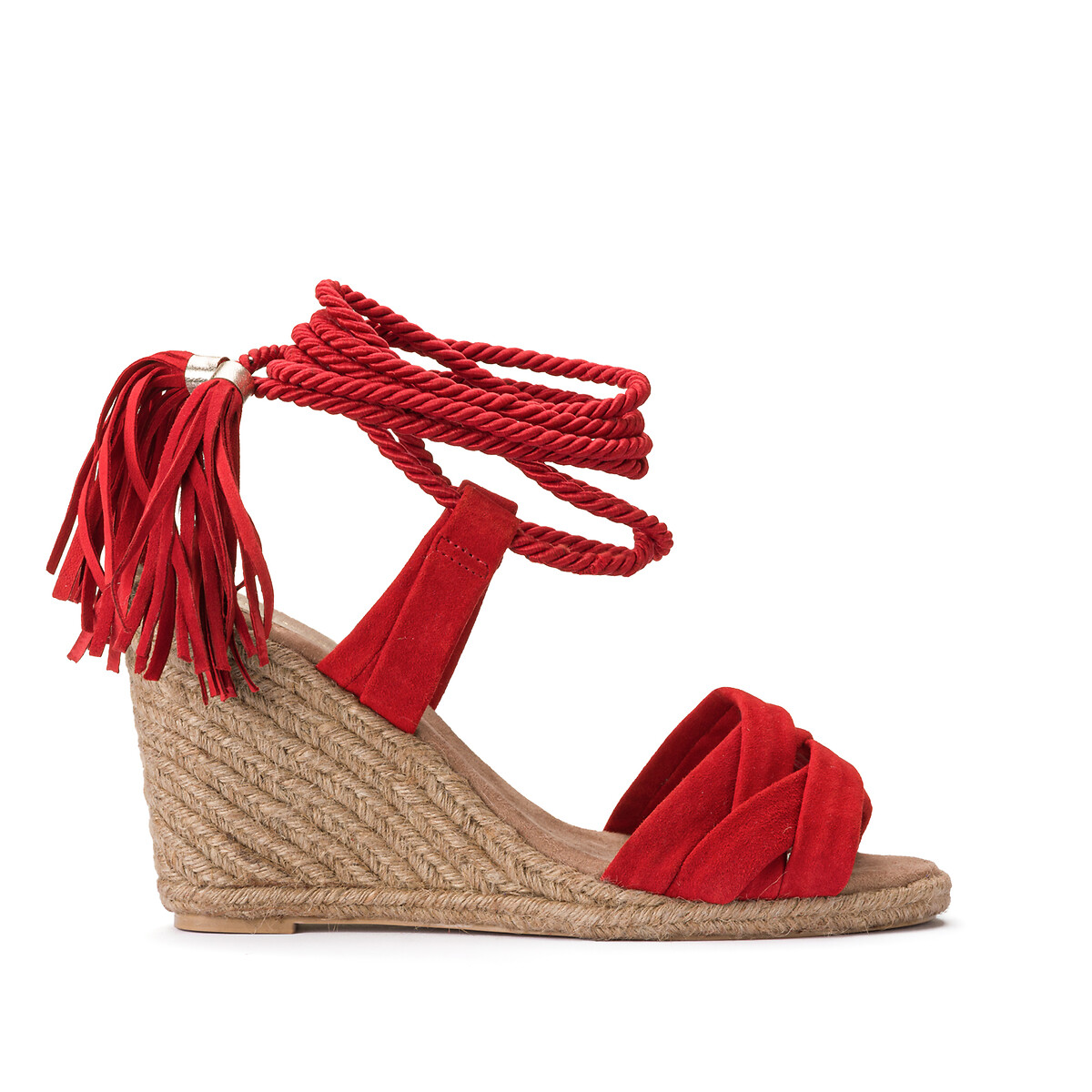 Sandales en cuir talon compens corde Anne Weyburn rouge La Redoute