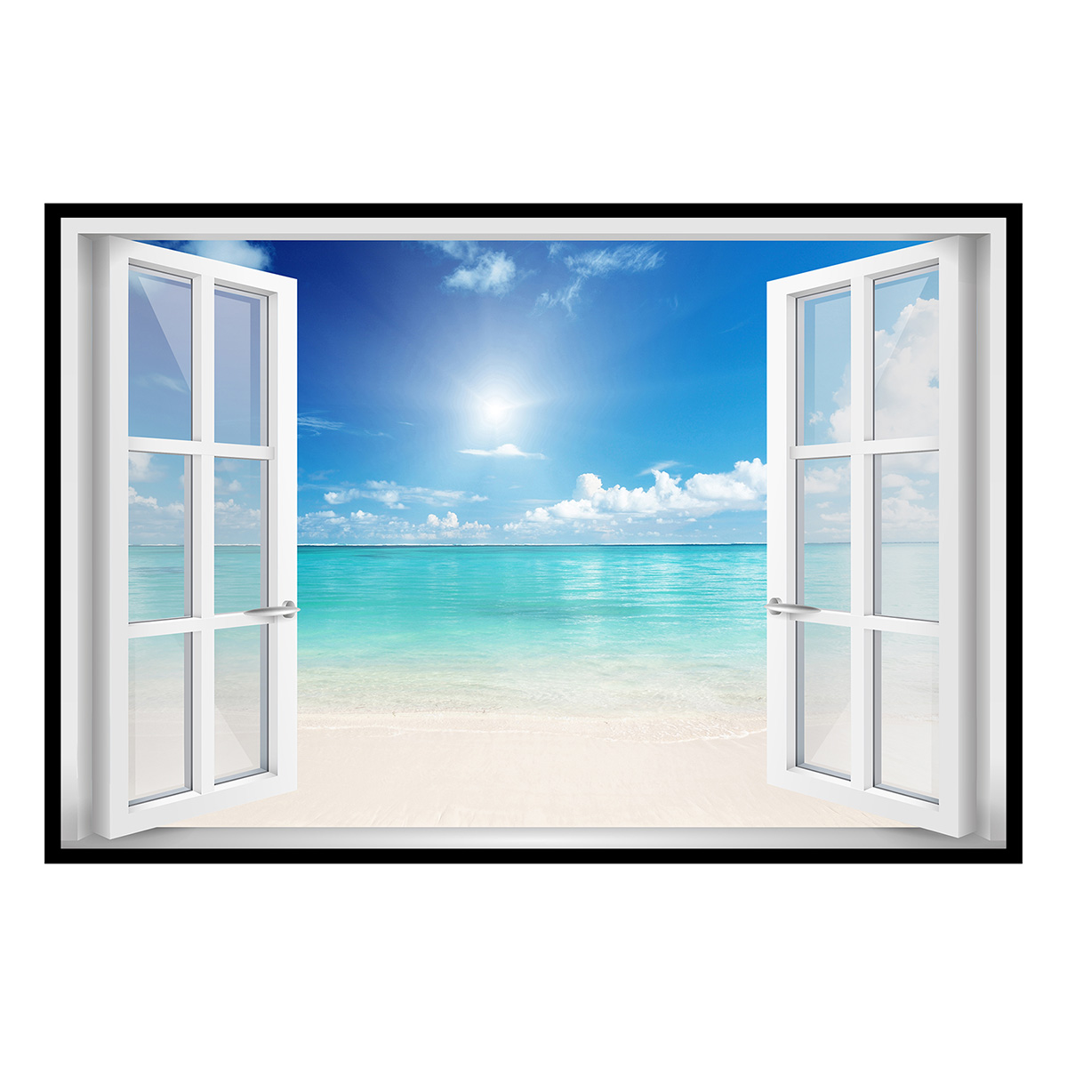 Affiche encadrée fenêtre vue plage tropicale, HEXOA