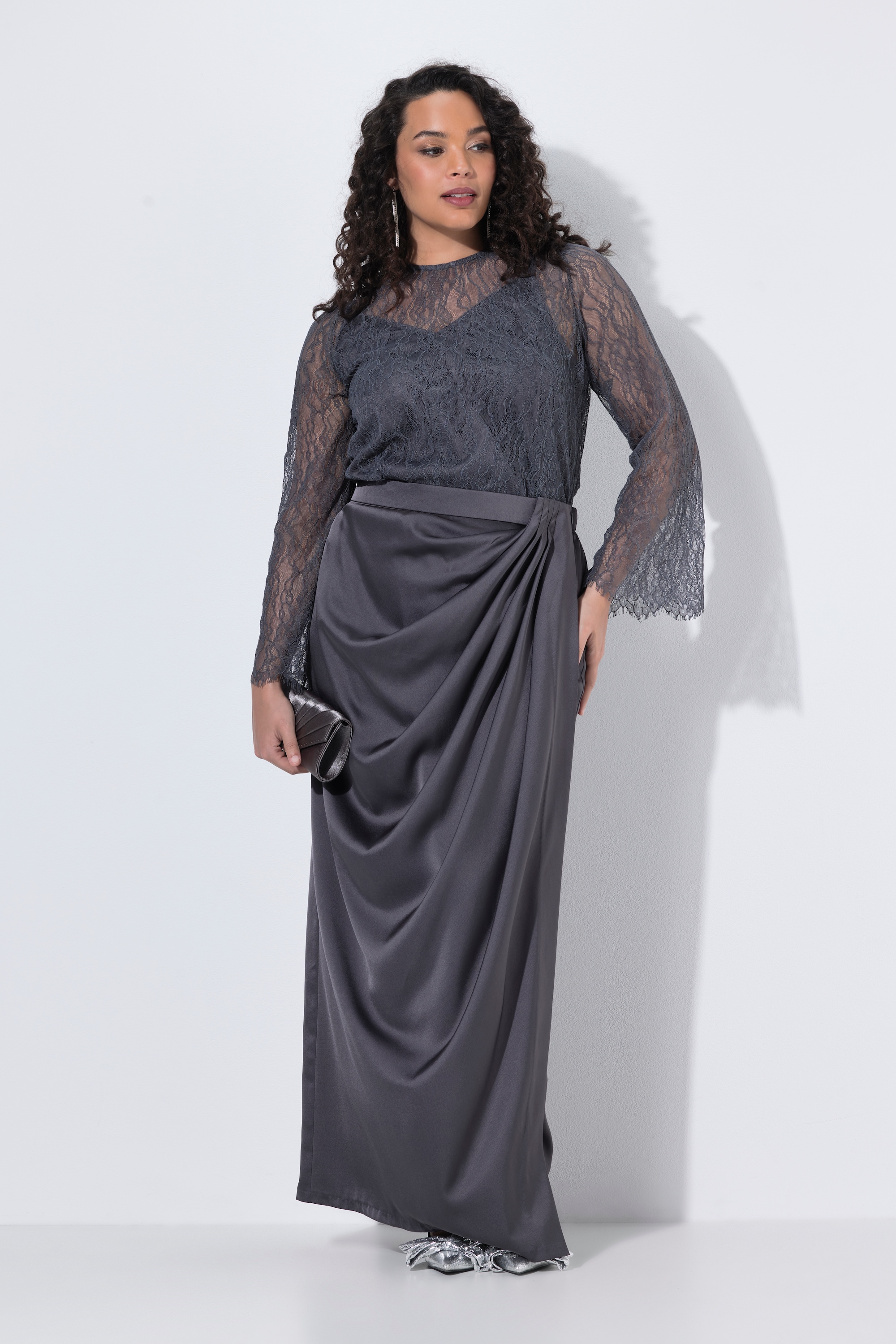 Jupe longue en satin, effet drapé, ULLA POPKEN