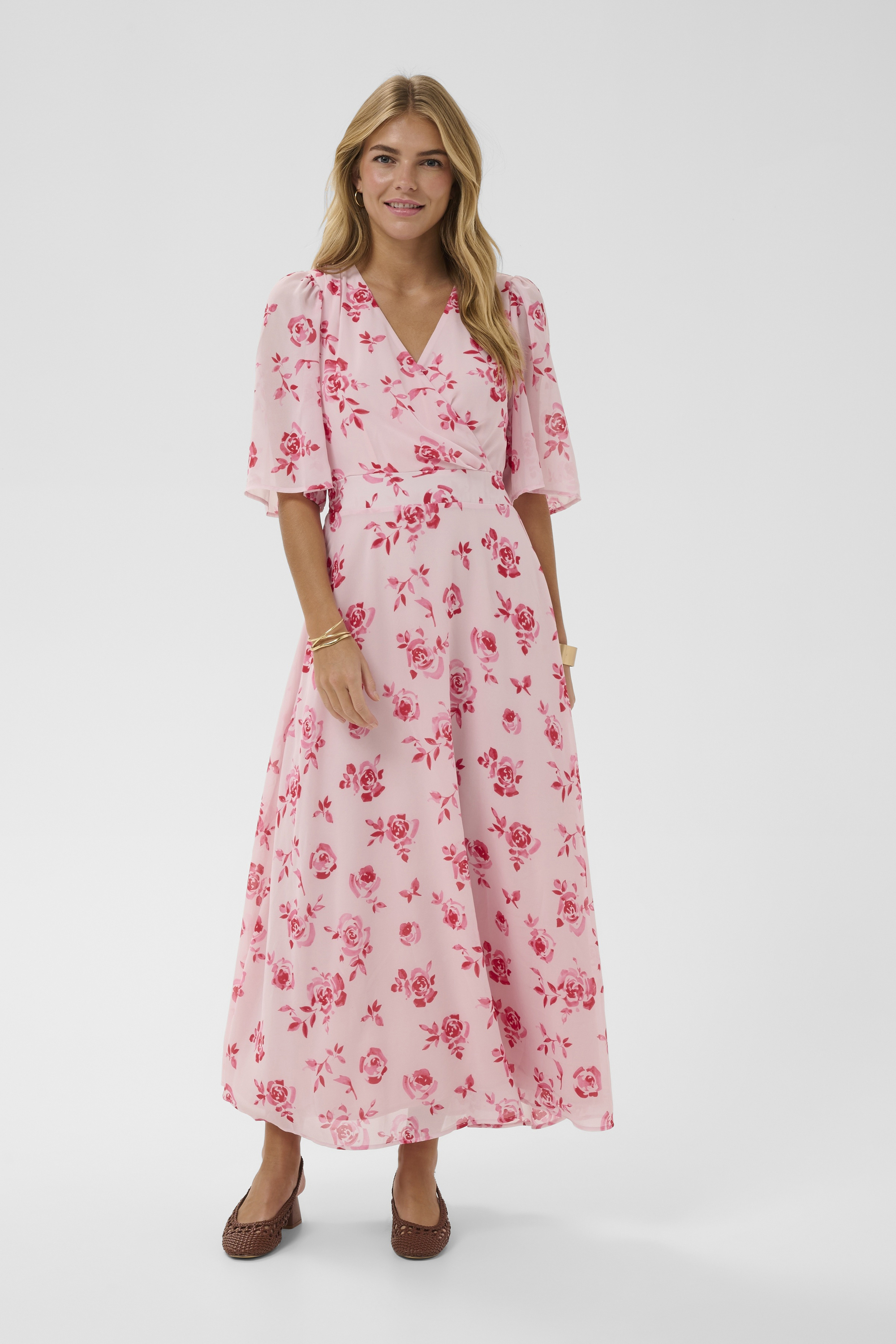 Robe maxi manches courtes, col en V façon cache-cœur, taille ajustée, CREAM