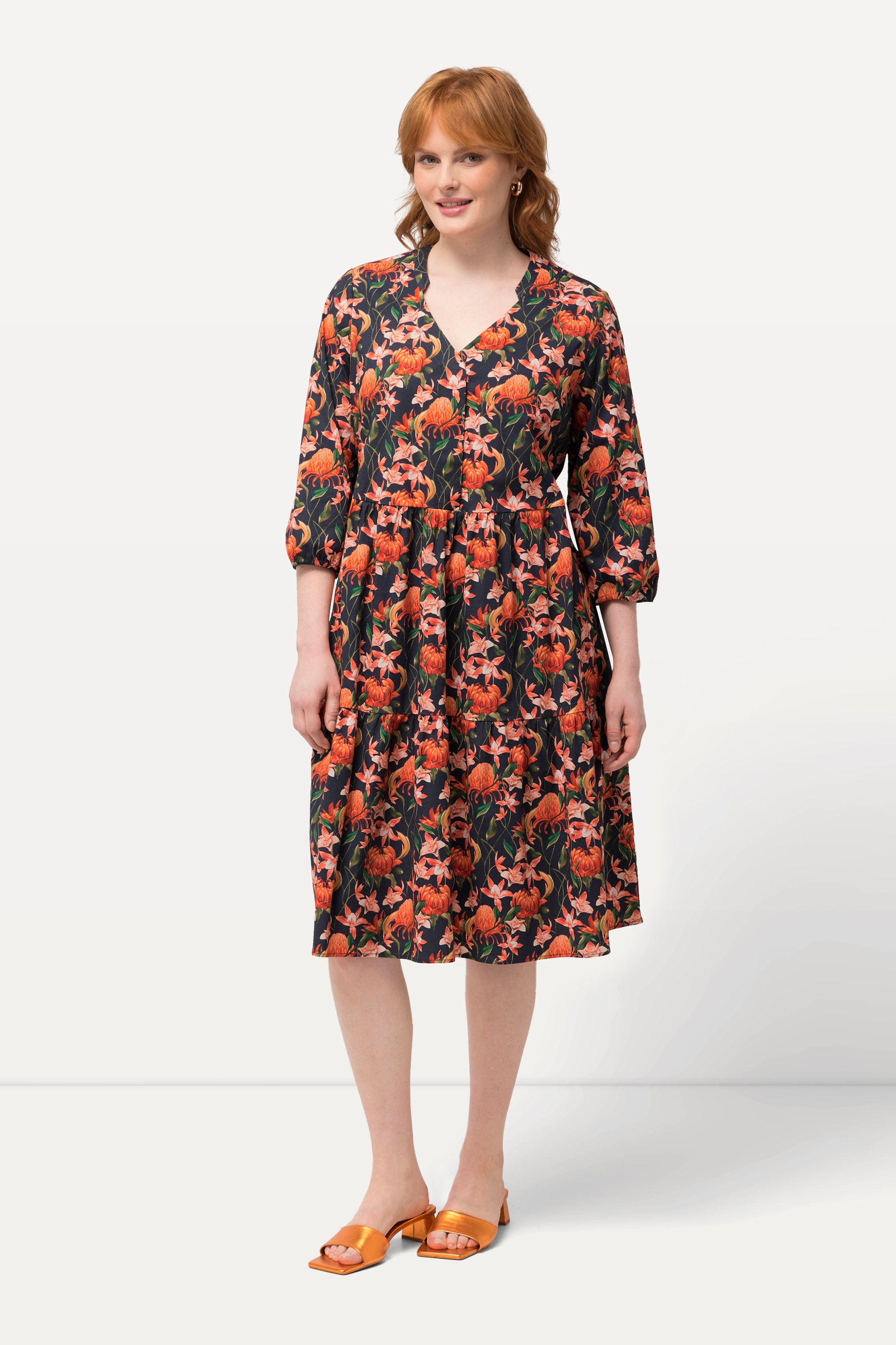 Robe tunique, magnolias, coupe évasée, col V, ULLA POPKEN