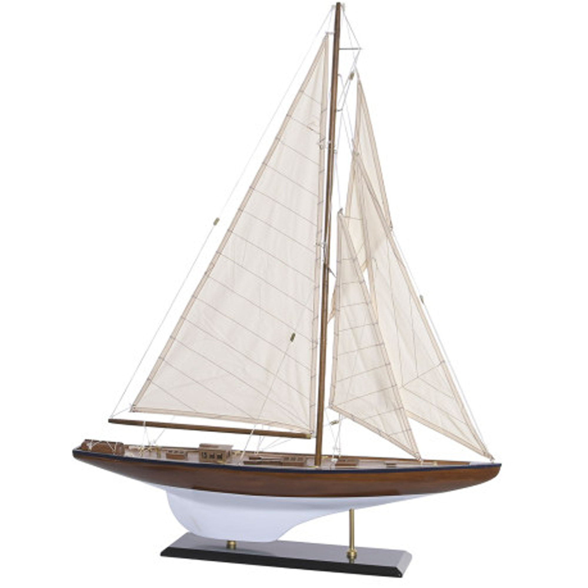 Grand bateau à voiles décoratif bois foncé et blanc 75x14x98cm, WADIGA