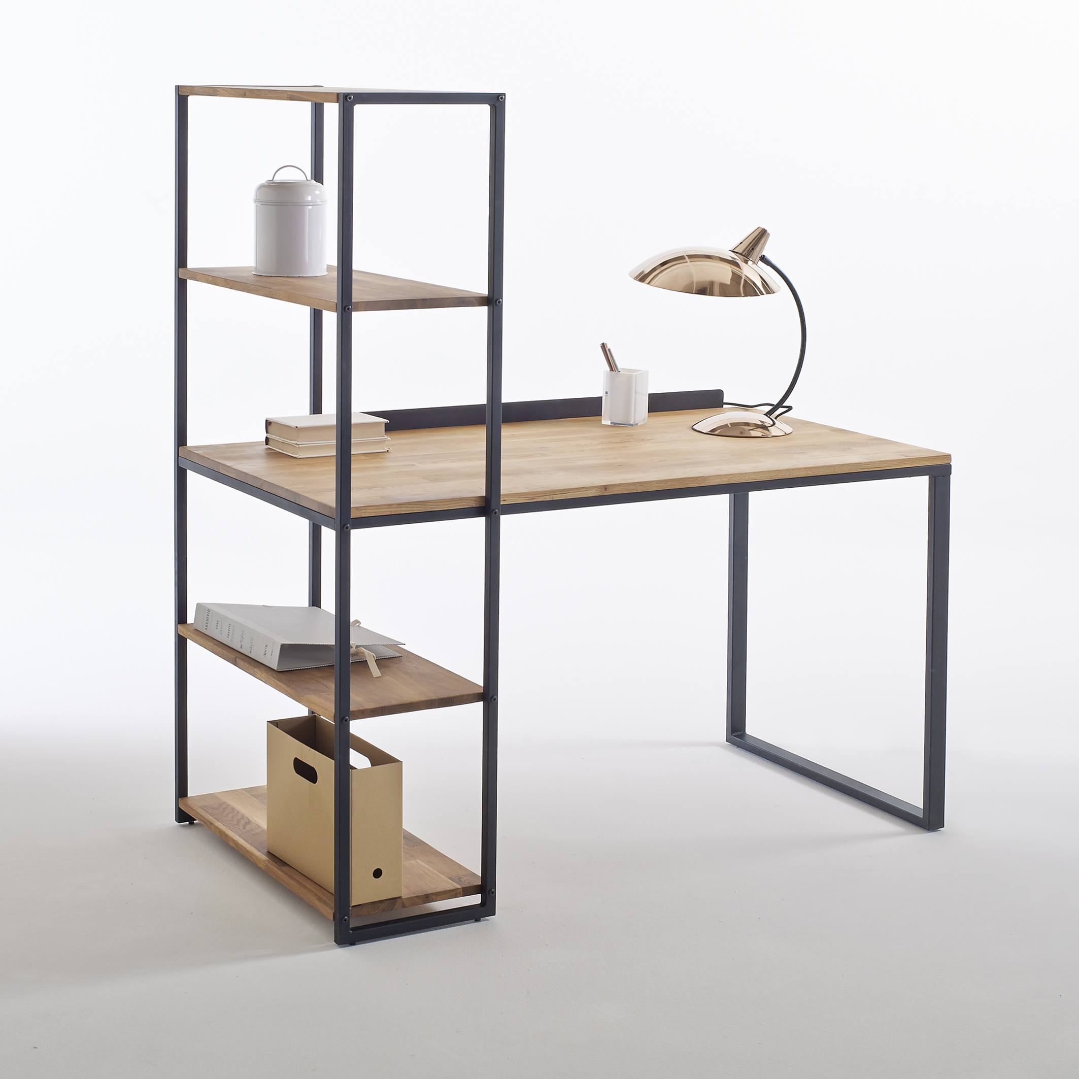 Hiba Steel Solid Oak Desk With Shelving, On Desk Shelving Unit