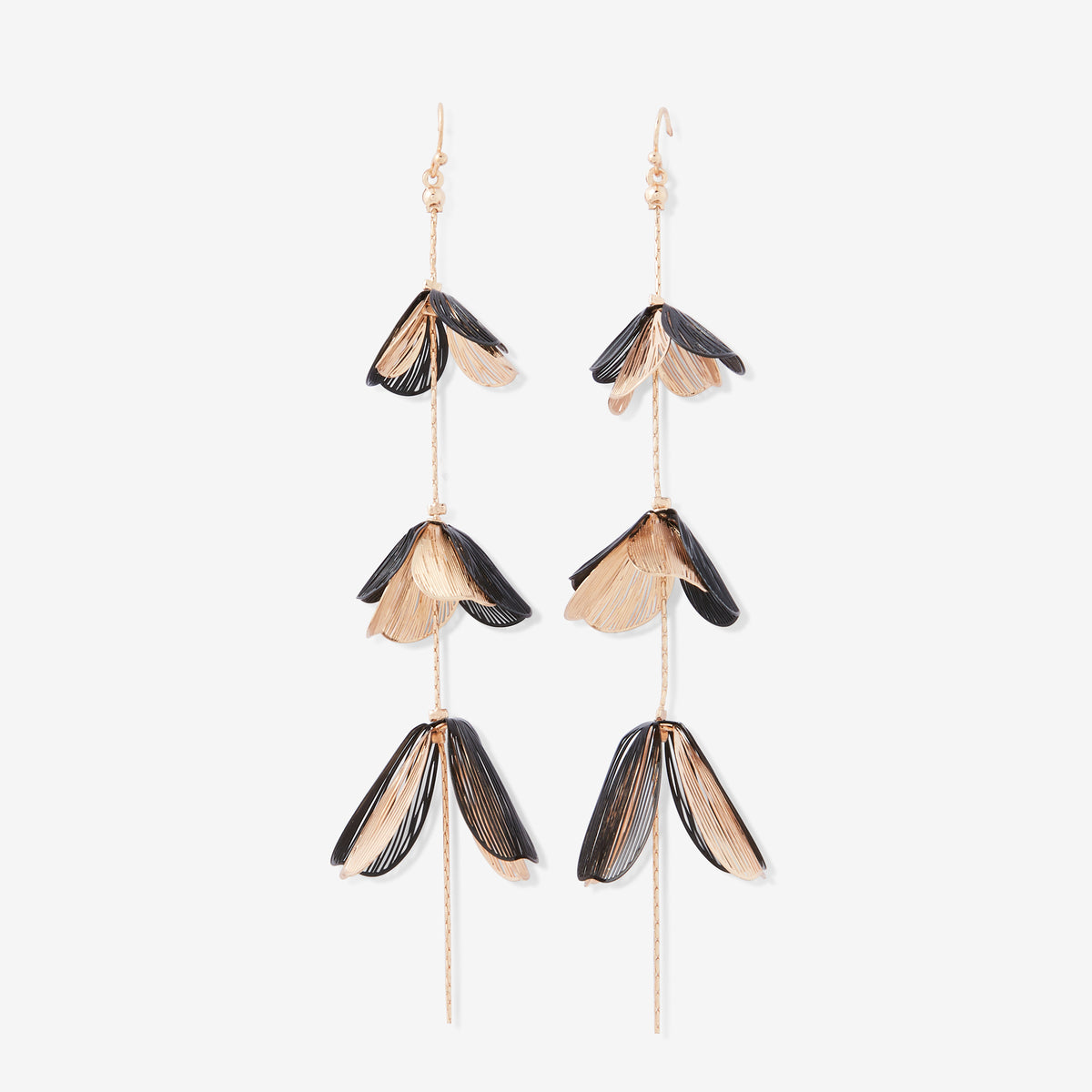 Boucles d'oreilles longues pétales en filigrane noir et doré, BALABOOSTE