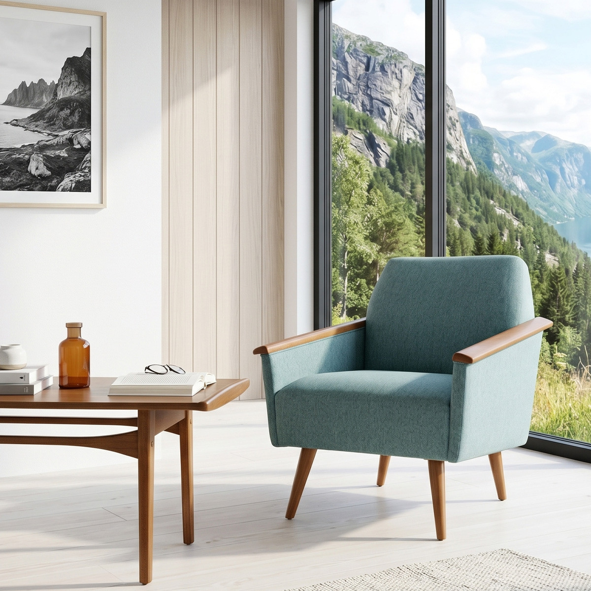 Fauteuil en hévéa et tissus bleu SANDER, ROBIN DES BOIS