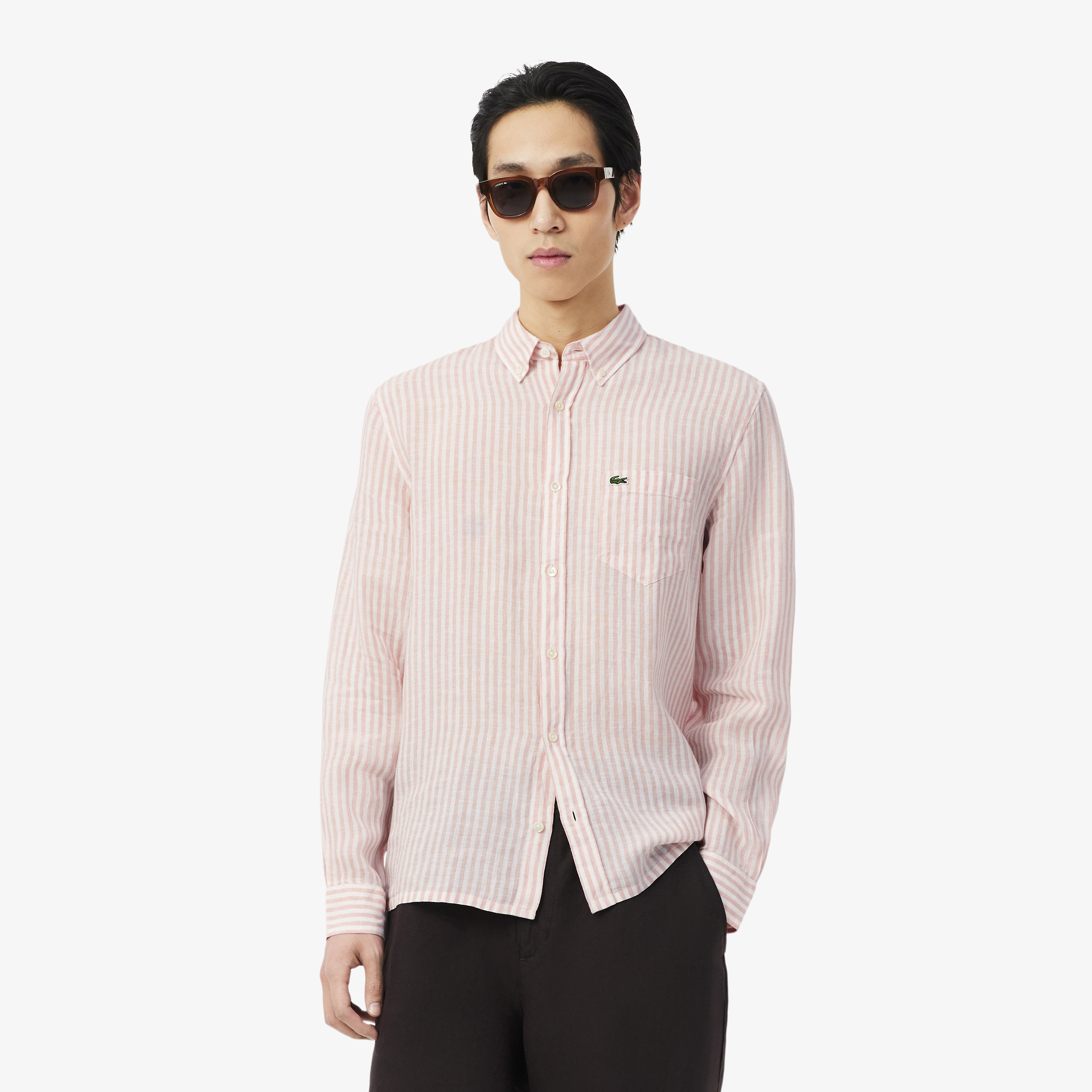Chemise regular fit en lin rayée, LACOSTE