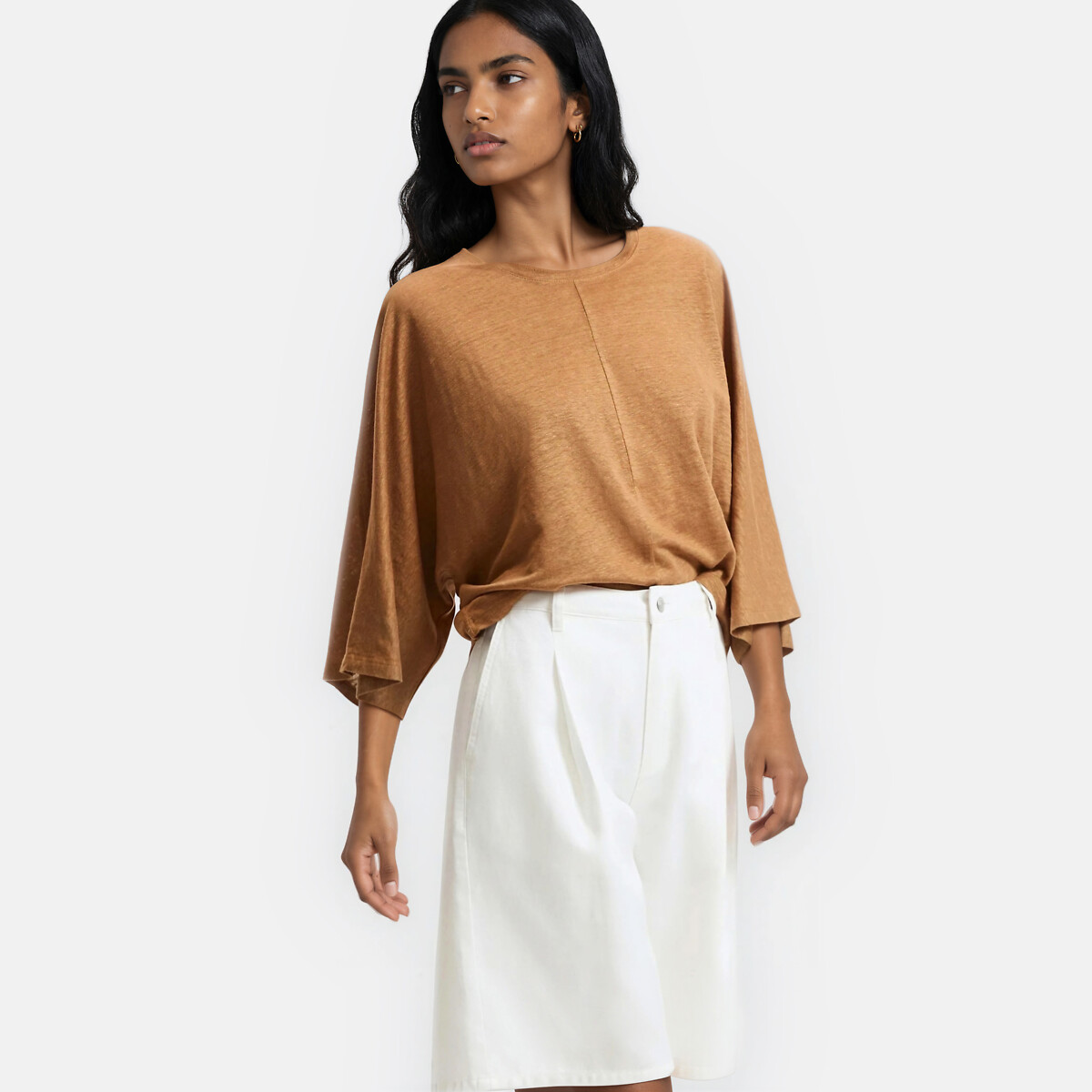 T-shirt in lino, scollo rotondo, maniche ampie, LA REDOUTE COLLECTIONS