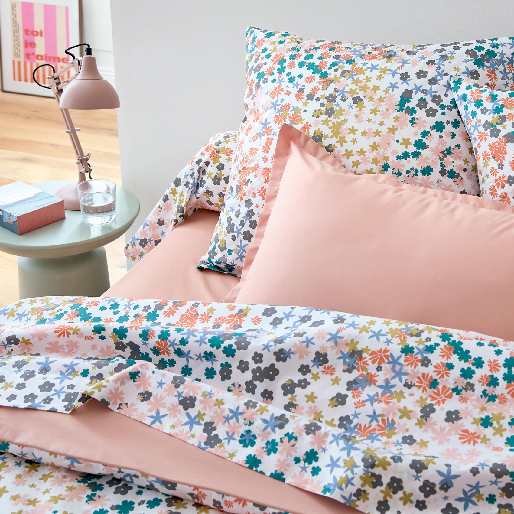Taie de traversin percale de coton 80 fils motif floral, TRADILINGE