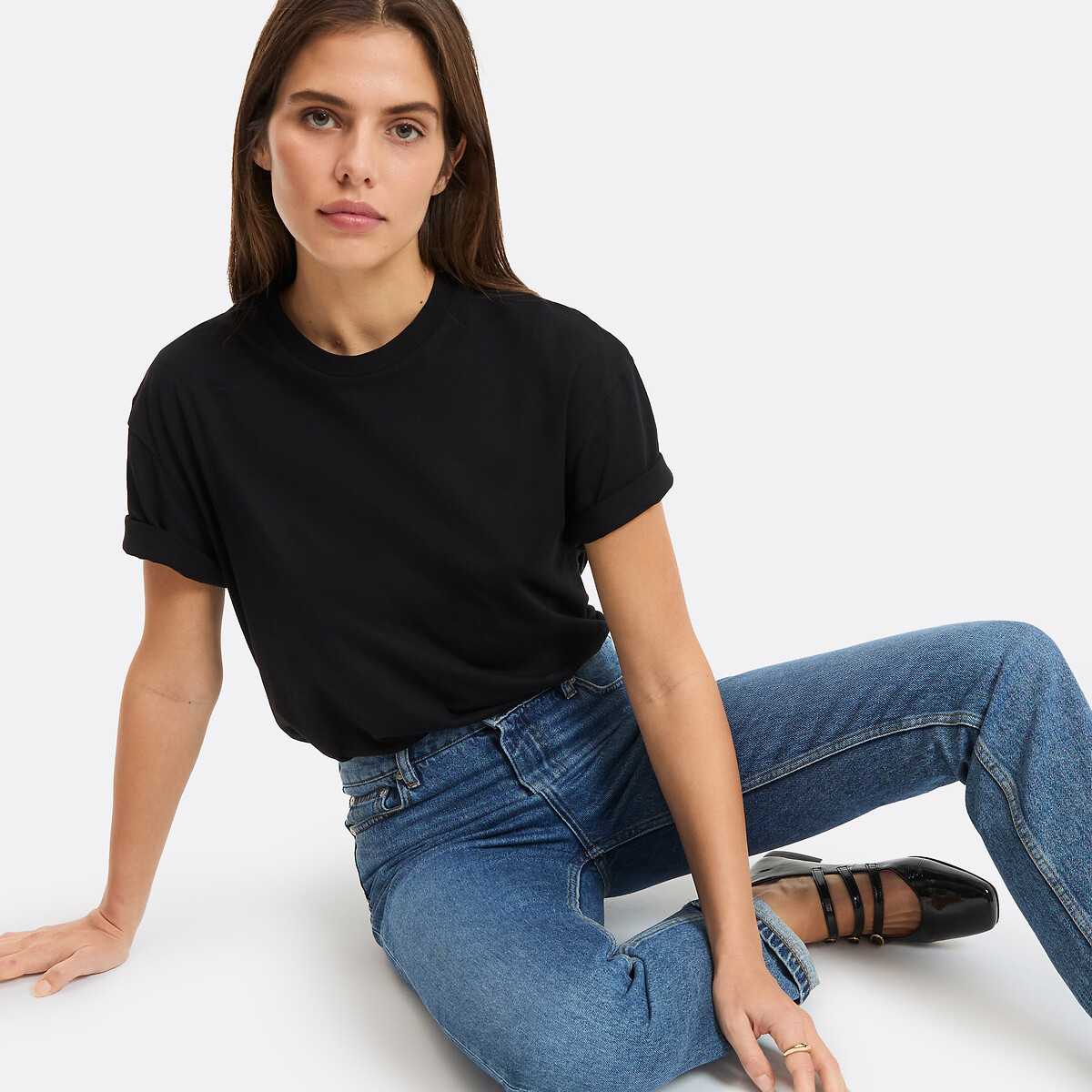 T-shirt ampla de algodão, com gola redonda e mangas curtas, LA REDOUTE COLLECTIONS
