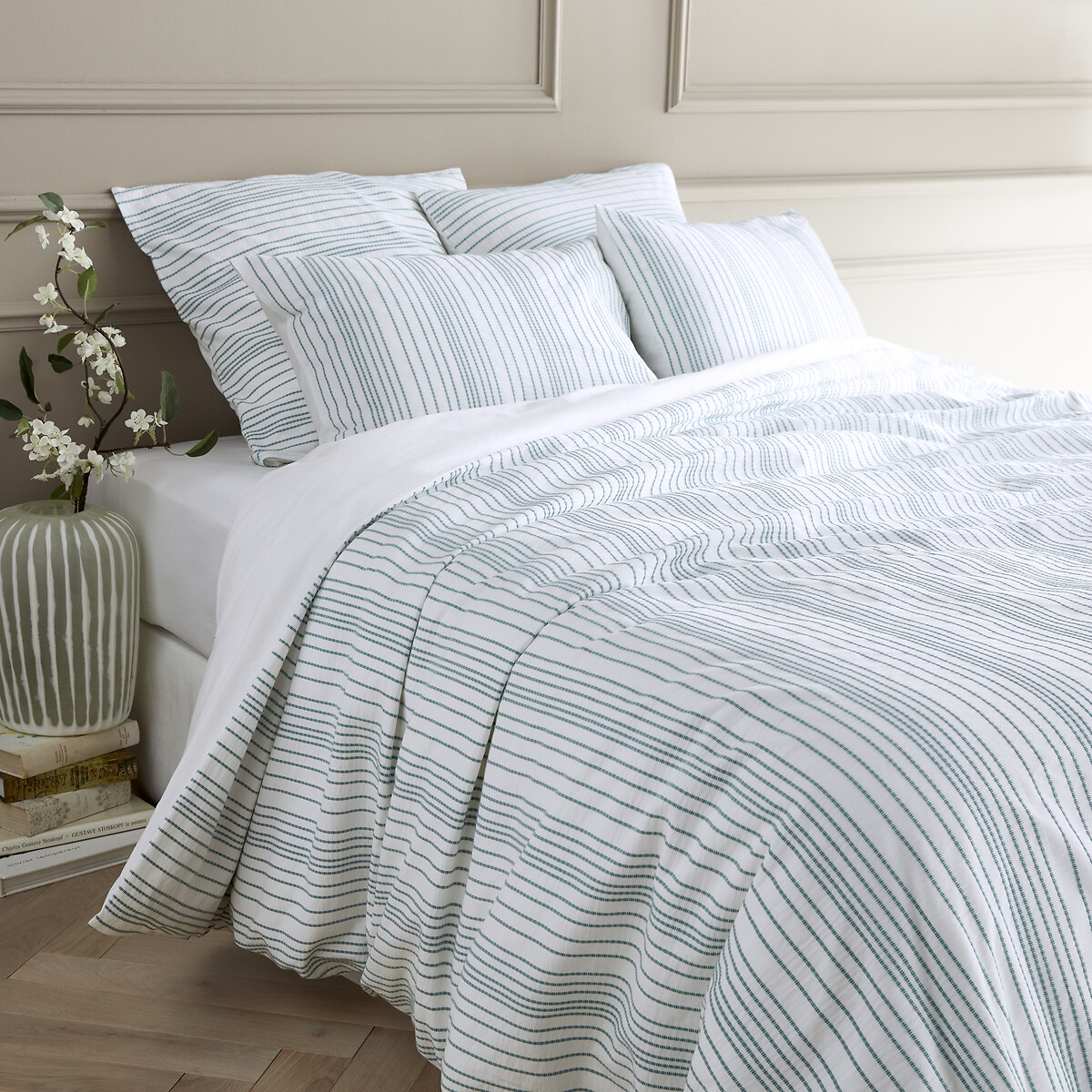 Roma Striped Embroidered 100% Washed Cotton Percale Duvet Cover