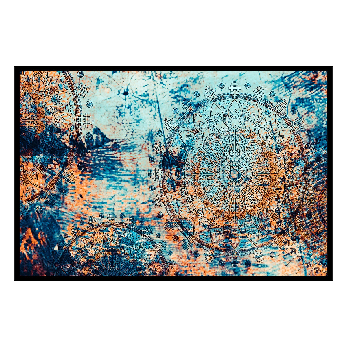 Affiche encadrée mandala artistique bleu et ocre, HEXOA