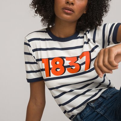 Striped Cotton T-Shirt with Crew Neck and Short Sleeves LA REDOUTE COLLECTIONS