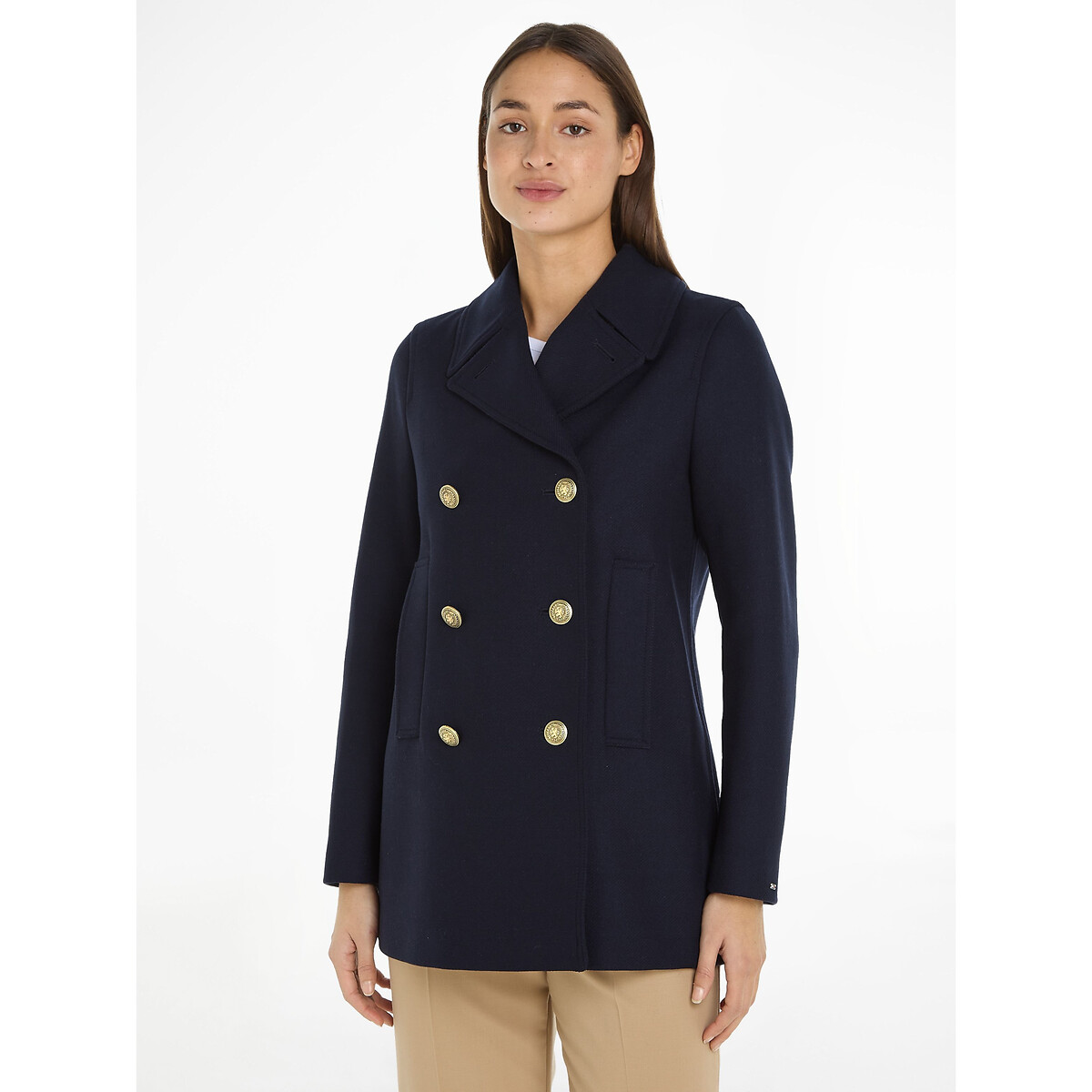 Double-Breasted Pea Coat in Wool Mix, Short